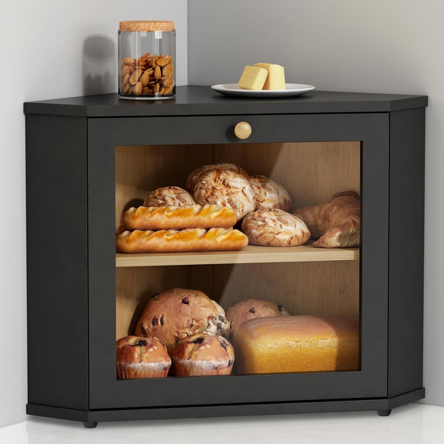 Goozii Black Corner Bread Box for Countertop Bread