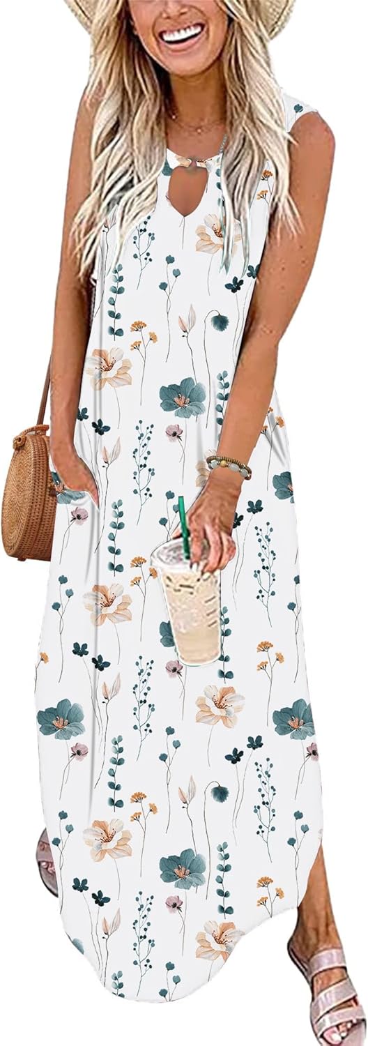 MISFAY Women's Summer Maxi Dress Sleeveless Casual Loose Long Beach Split Dresses with Pockets