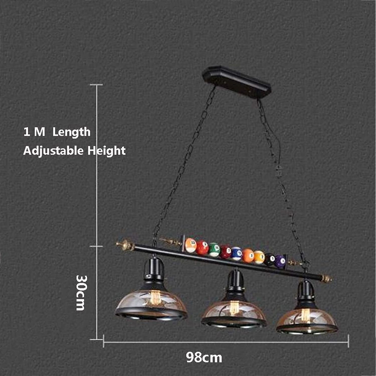 Industrial Billiard Table Light, Vintage Pool Table Chandelier with 3 Glass Shades, Rustic Loft Bar Island Linear Pendant Lamp with Colorful Billiard Balls, E27 Base Adjustable