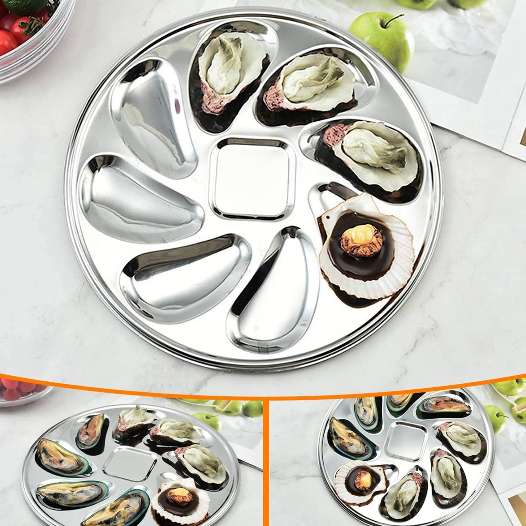 rieder Lot de 8 assiettes à huîtres en acier inoxydable en forme de coquillage, récipient à huîtres avec 8 fentes pour sauce à huîtres