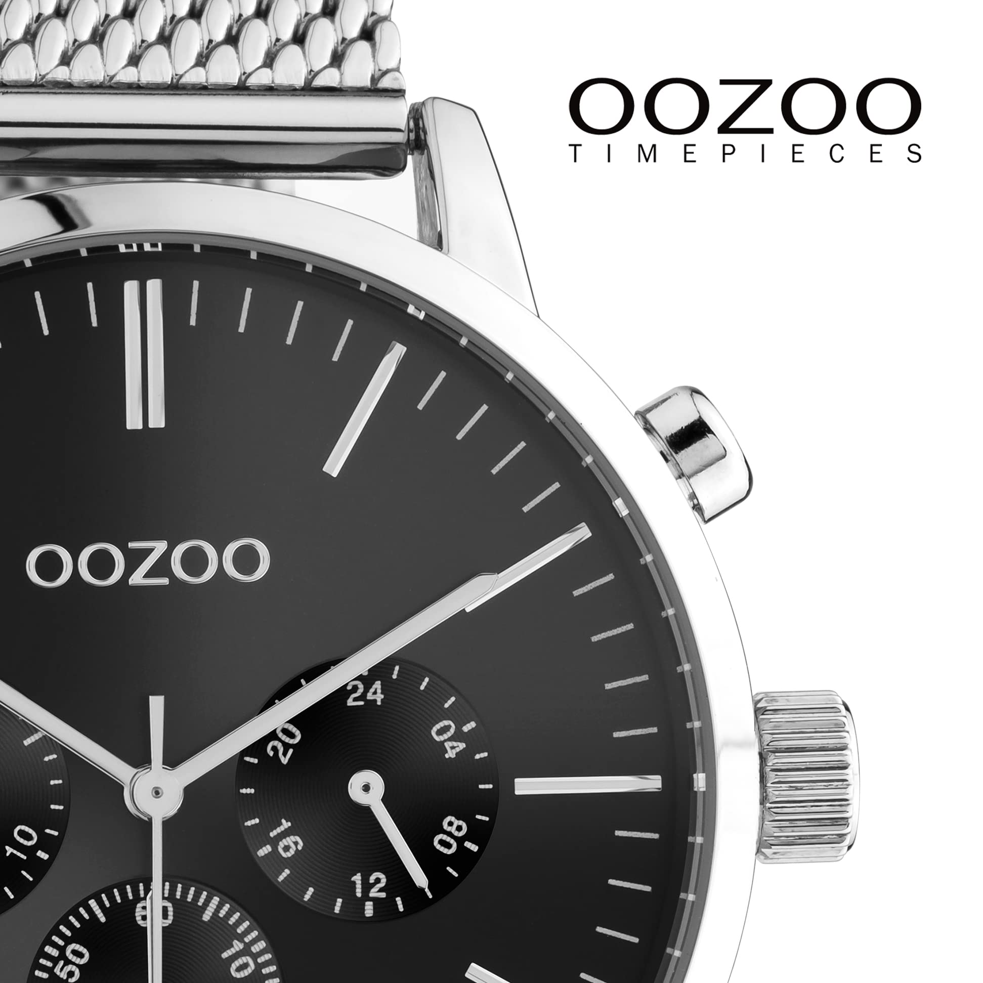 OOZOO Timepieces Orologio da uomo – Orologio da polso da uomo con cinturino in rete da 22 mm – analogico da uomo con cinturino in maglia milanese rotondo, argento/nero., Bracciale