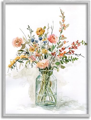 Stupell Industries Ramo floral de rosas de campo en acuarela bodegón, diseño de Carol Robinson - Arte de pared enmarcado gris, 11 x 14 pulgadas, rojo