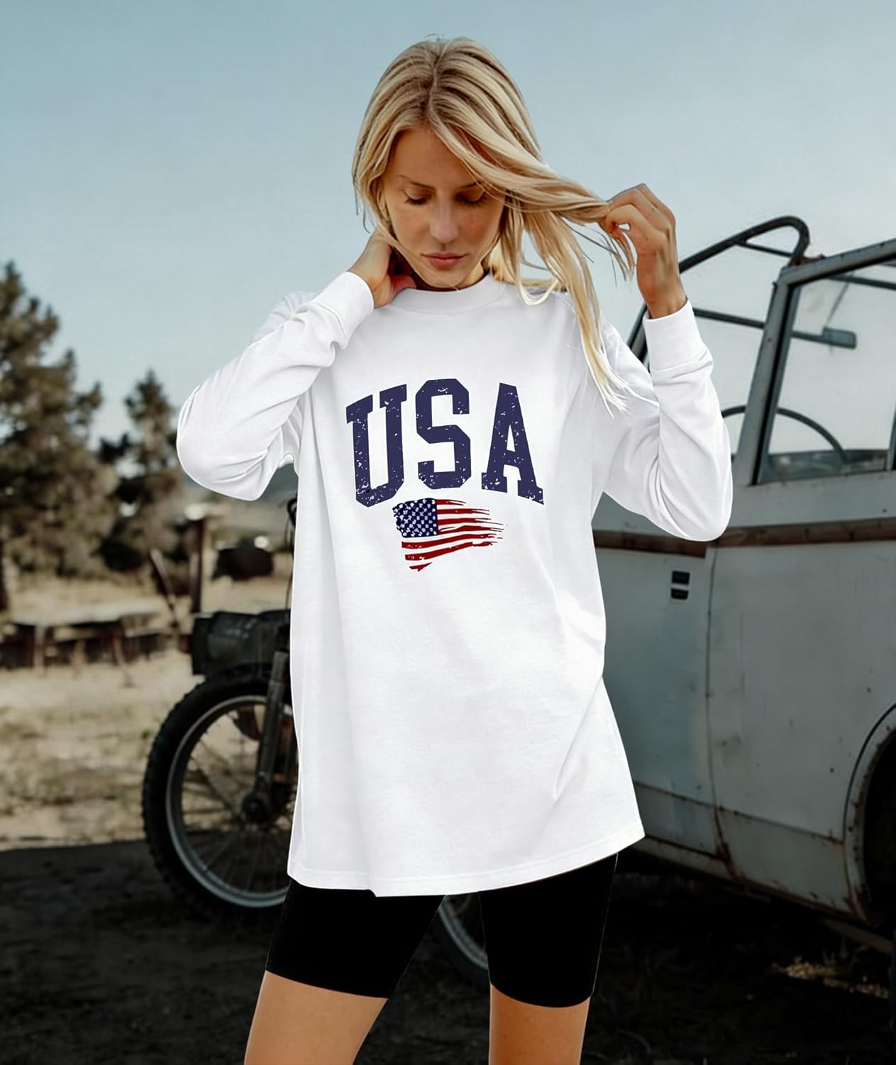 KESIHAN Women USA American Flag Shirt Long Sleeve Graphic Tees for Women Casual Crew Neck Top - Image 4