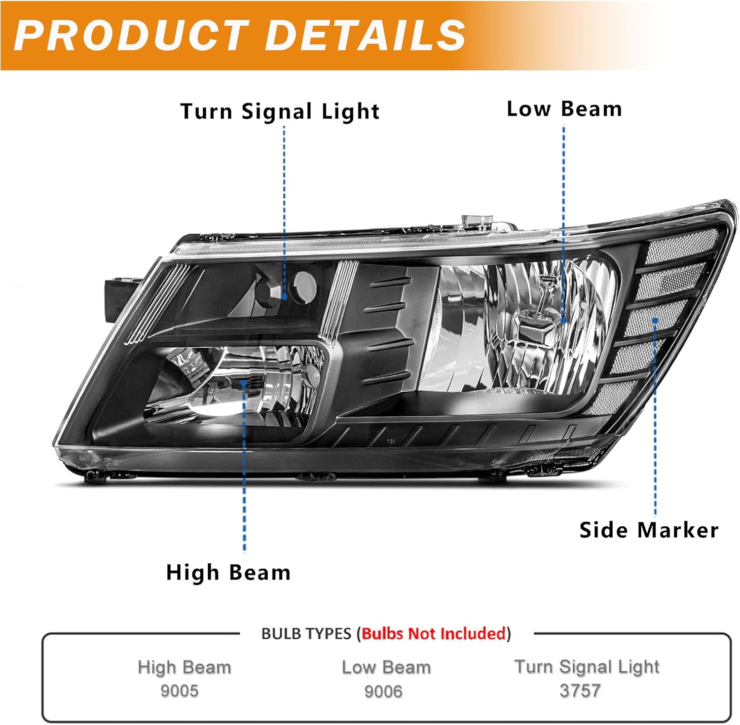 Headlights Assembly compatible with 2009-2020 Dodge Journey Halogen Headlamp Head light Pair, Black Housing Clear Reflector