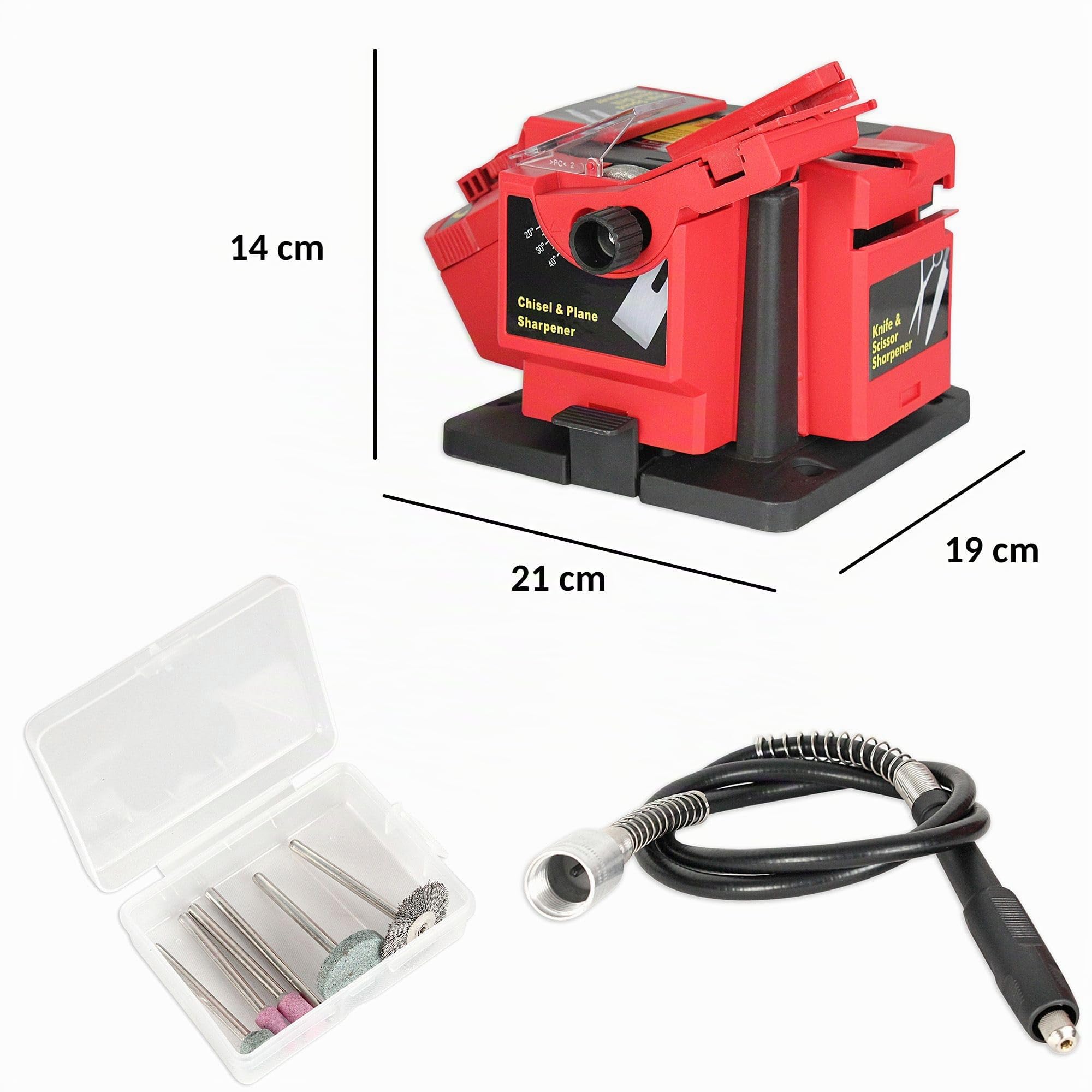 Afilador Universal Multifunción 65W : Cuchillos, Tijeras, Brocas, Cinceles - Amoladora Eléctrica - Eje Flexible incluido para grabados, pulidos + Caja 6 Herramientas