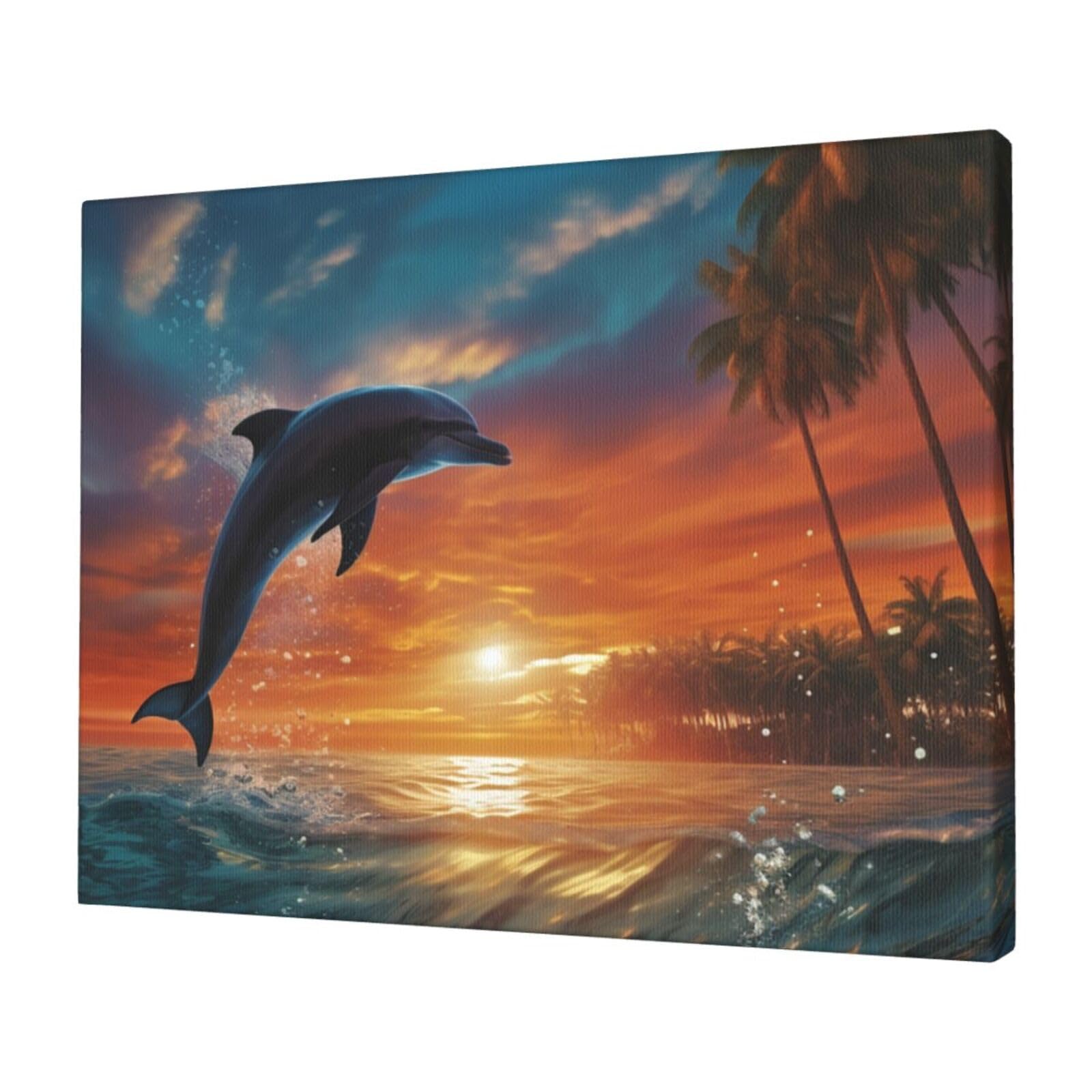 KLOPH Dolphins and Palm Trees Canvas Wall Art for Living Room 12"x16" Modern Artwork Painting for Bathroom Hanging Canvas Prints Aesthetic Wallart for Bedroom Kitchen Office Wall Decor