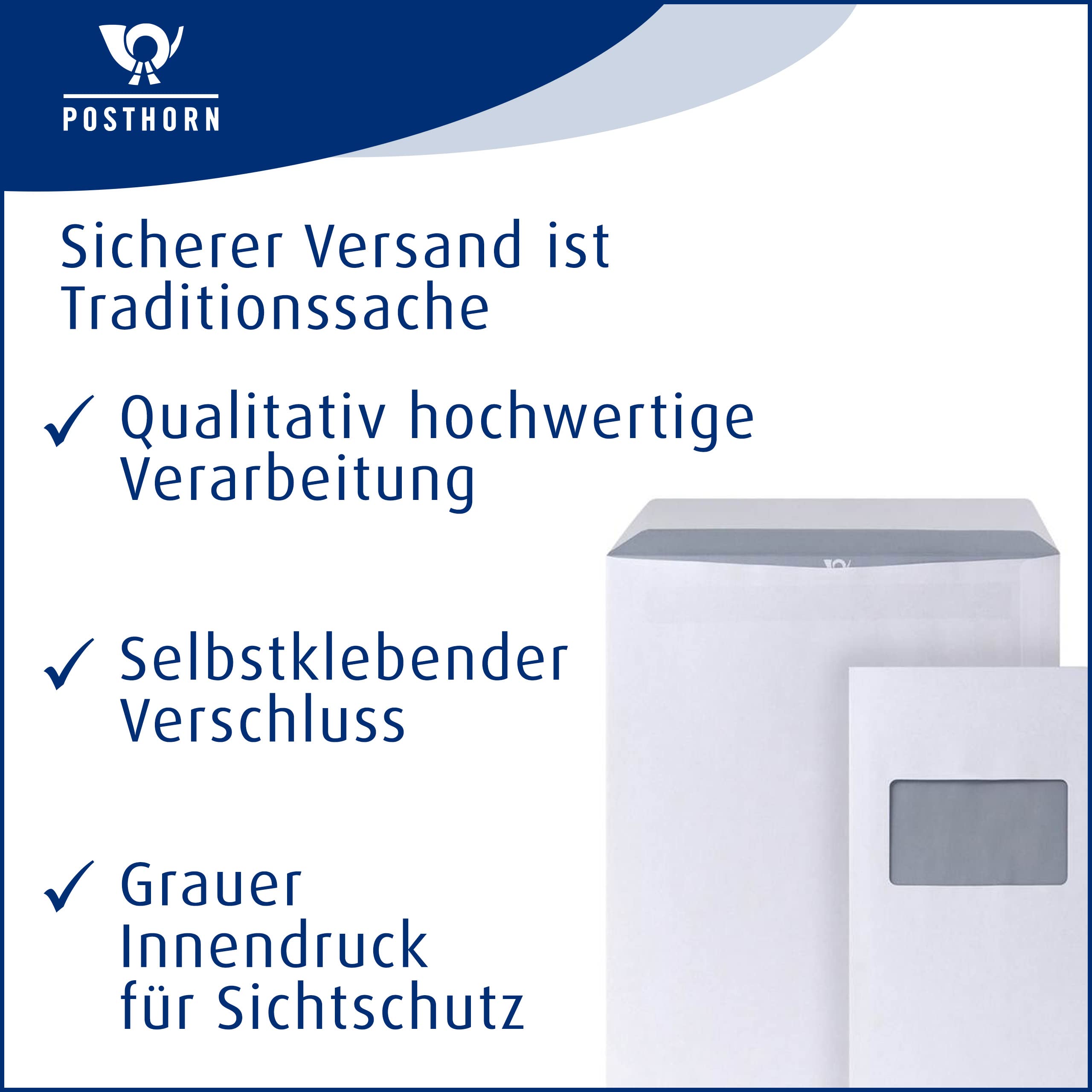 POSTHORN Versandtaschen C4 (250 Stück) 324 x 229 mm - Umschläge A4 90g/m² | Selbstklebende A4 mit Fenster - Versandtasche C4 mit grauem Innendruck für Sichtschutz - Weiß