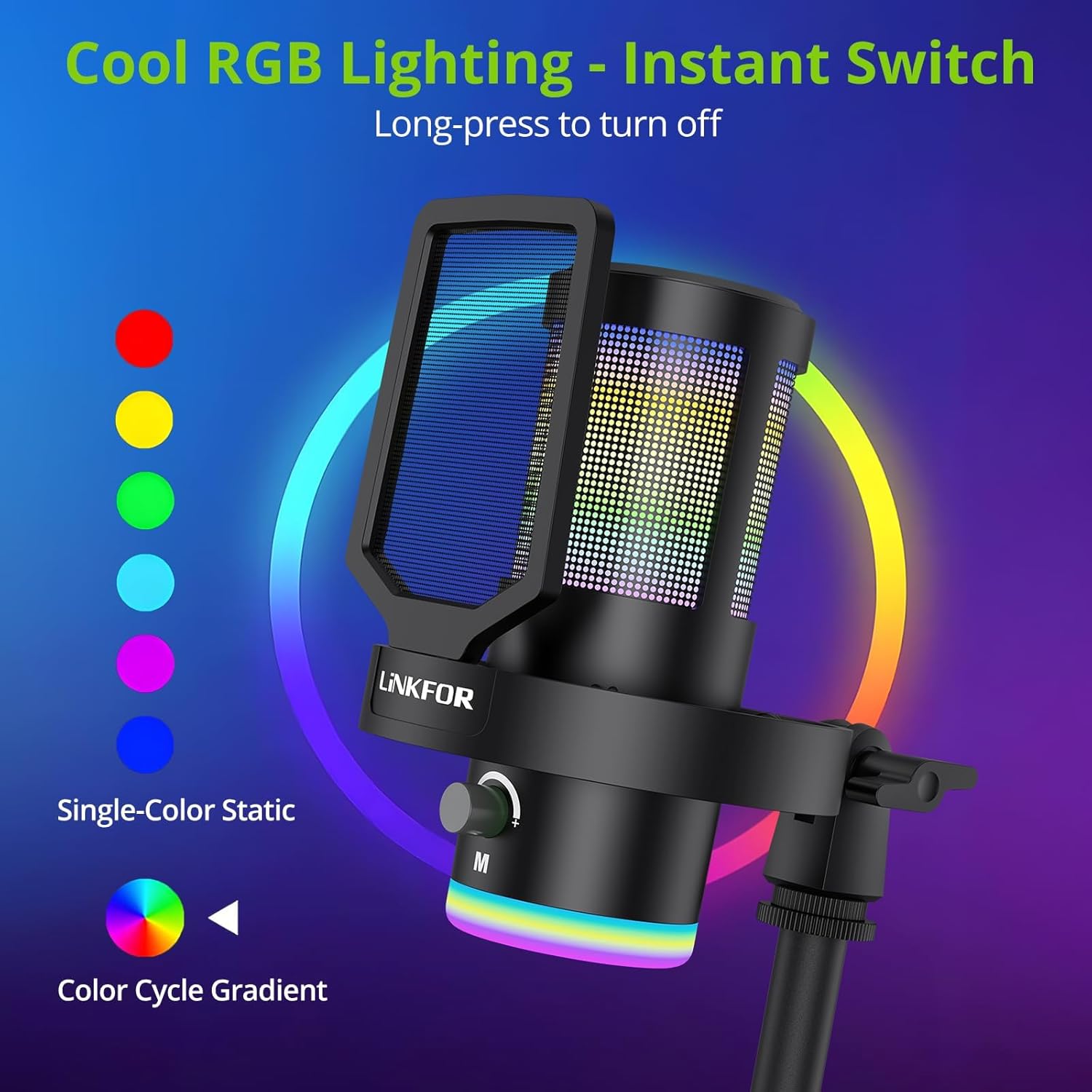 LiNKFOR USB Gaming Microphone displaying various RGB lighting colors
