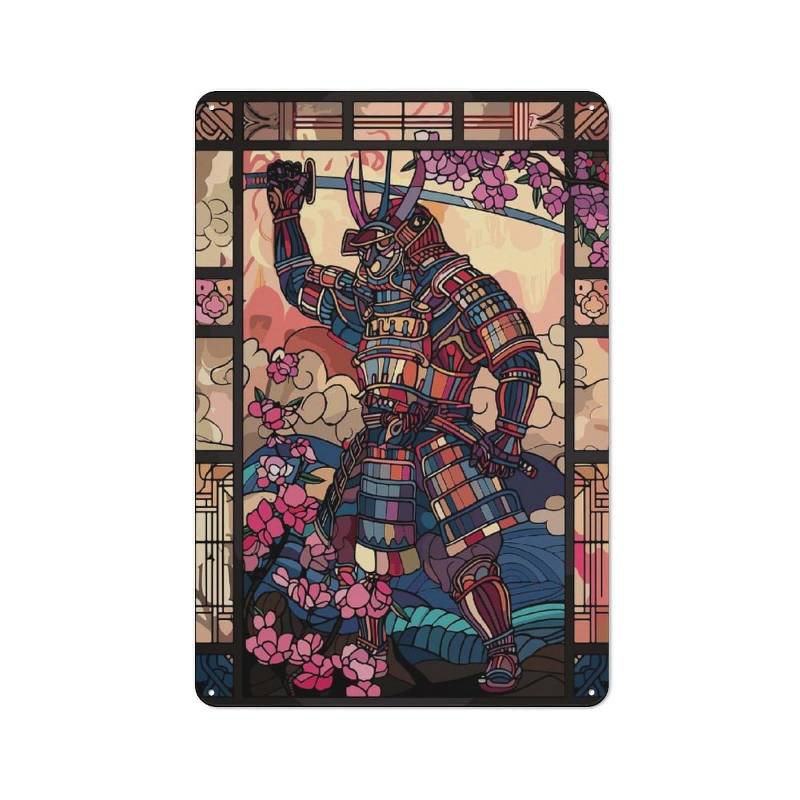 Junmoney Style-10 Samurai Warrior With Cherry Blossoms Decorative Metal Plaque 30X20cm, Shop Front Style Bistro Wall Plaque For Tea Room, Shop Wall Or Breakfast Area