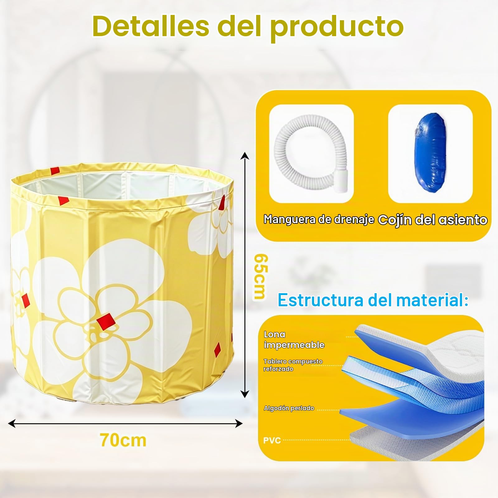 Bañera plegable de 70 × 65 cm para adultos – Bañera profunda portátil para agua caliente y fría con manguera de drenaje y cojín de asiento, ahorra espacio en la bañera plegable para baño