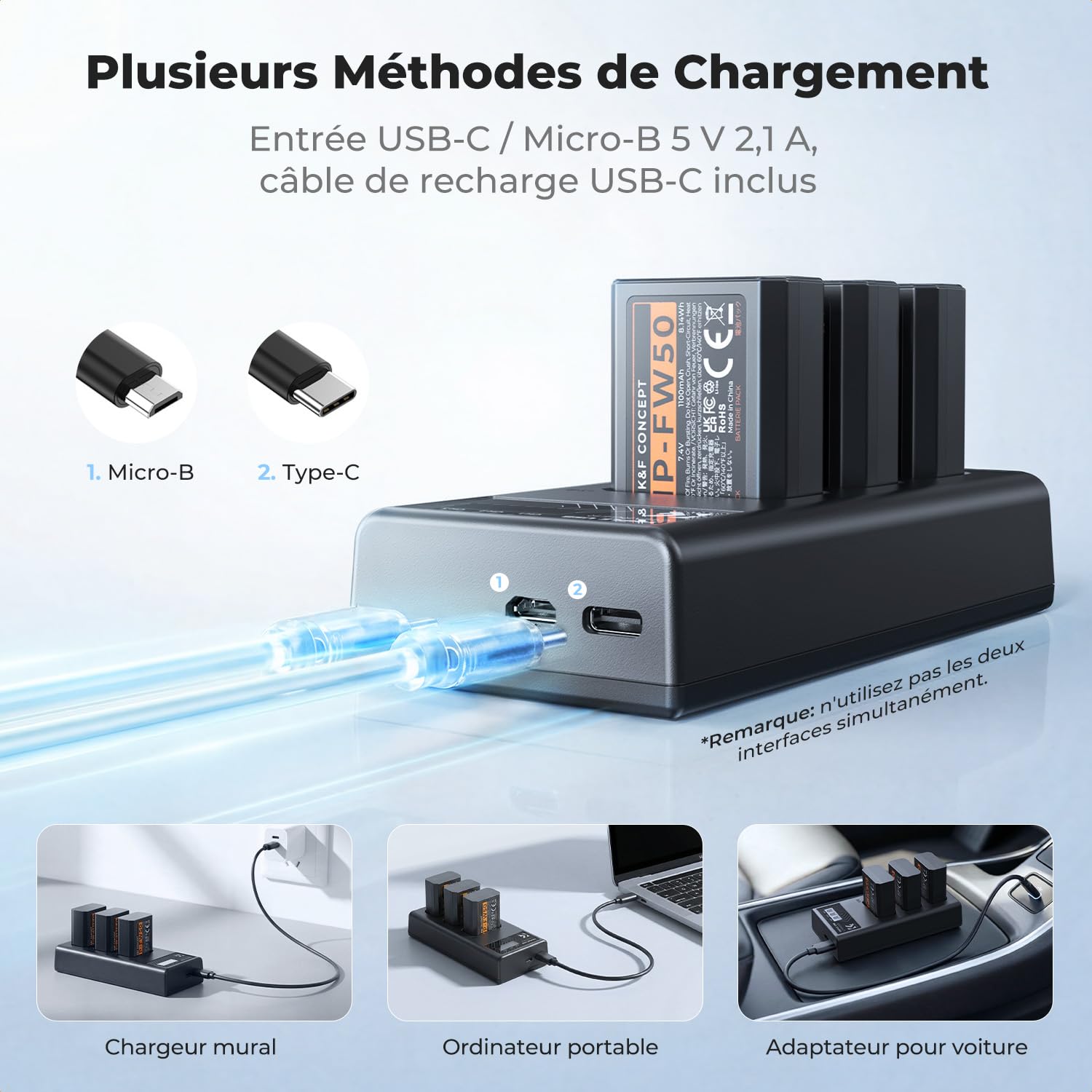 K&F CONCEPT NP-FW50 Batterie 3 x 1100mAh Batteries et 3 Fentes Écran LCD Chargeur Compatible avec Sony ZV-E10, Alpha A6000 A6300 A6400 A6500 A5000 A5100 A7 A7II A7R A7RII A7S A7SII RX10 II III Caméras