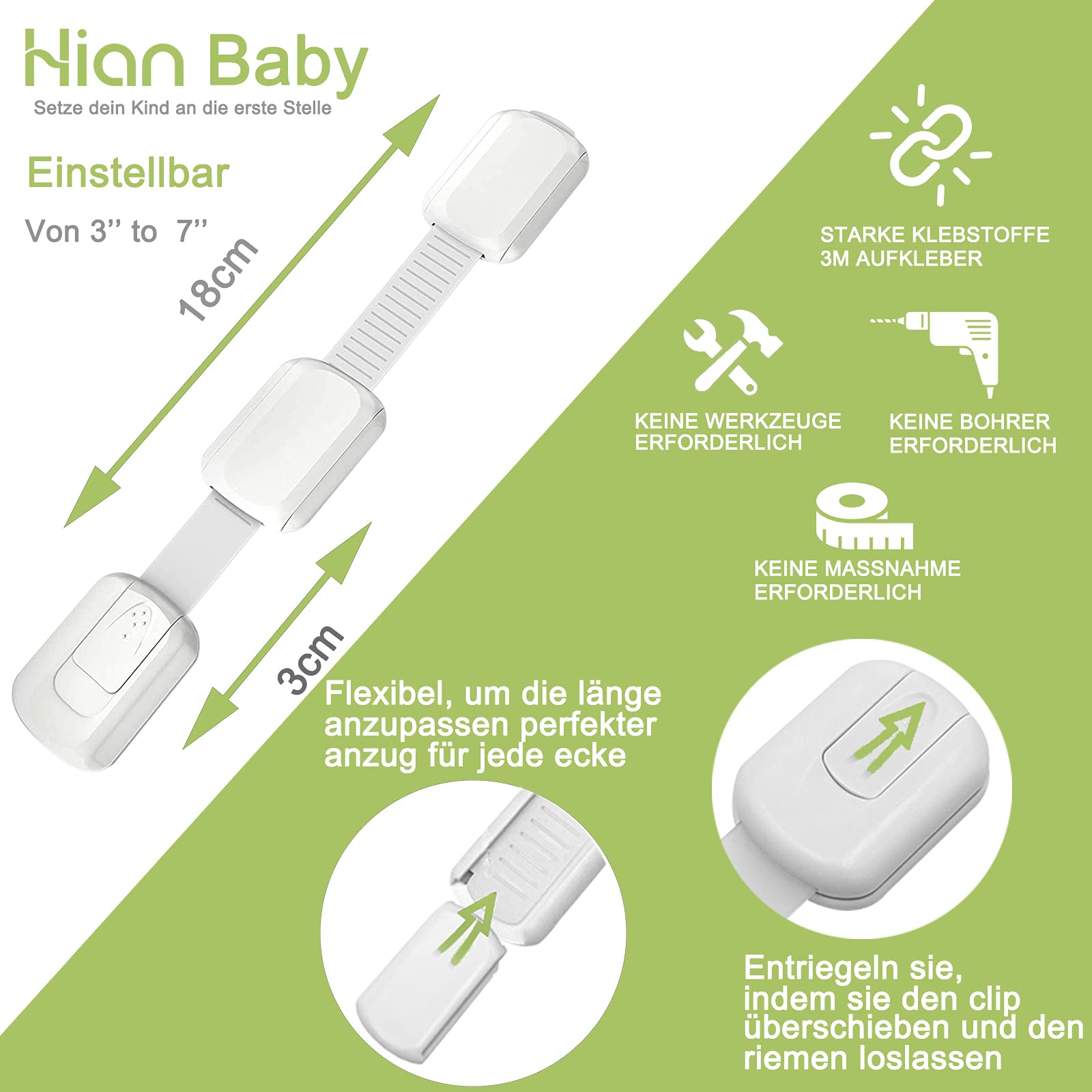 Hion 6 Pezzi Sicurezza Cassetti Bambini, Bambini Chiusure Sicurezza per Armadietto,Cassetto,Armadio,Frigorifero, Blocca Cassetti per bambini con 3M Adesivo Nessun Trapano Necessarioc - Bianca