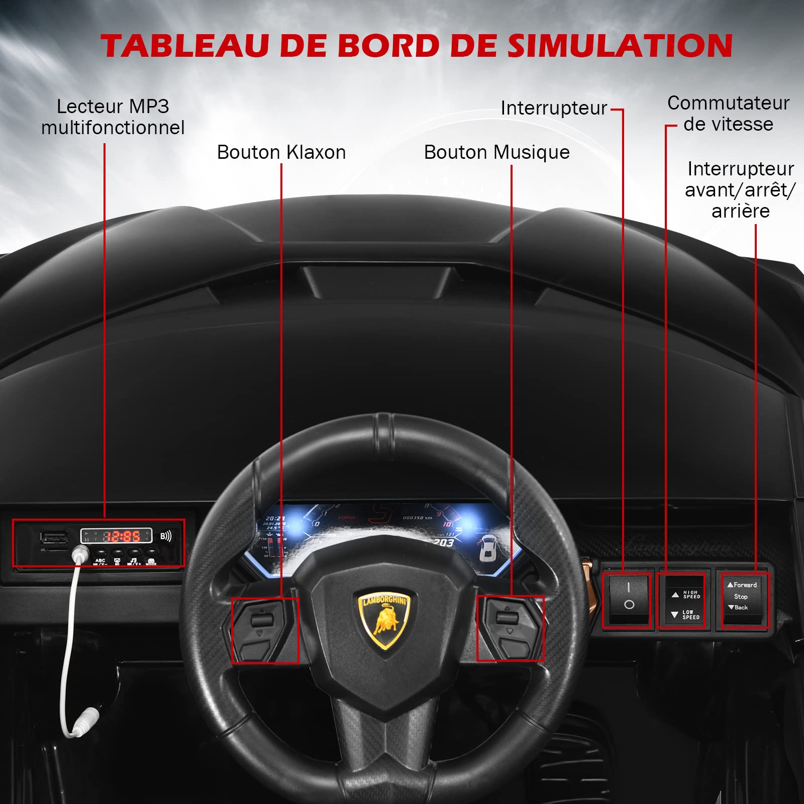 GOPLUS 12V Voiture Electrique Enfants Lamborghini avec Télécommande 2,4G,Véhicule Electrique Enfants 3-8 Ans avec Portes Papillon LED/Musique/USB,3-5 KM/H,Charge 25KG(Noir)