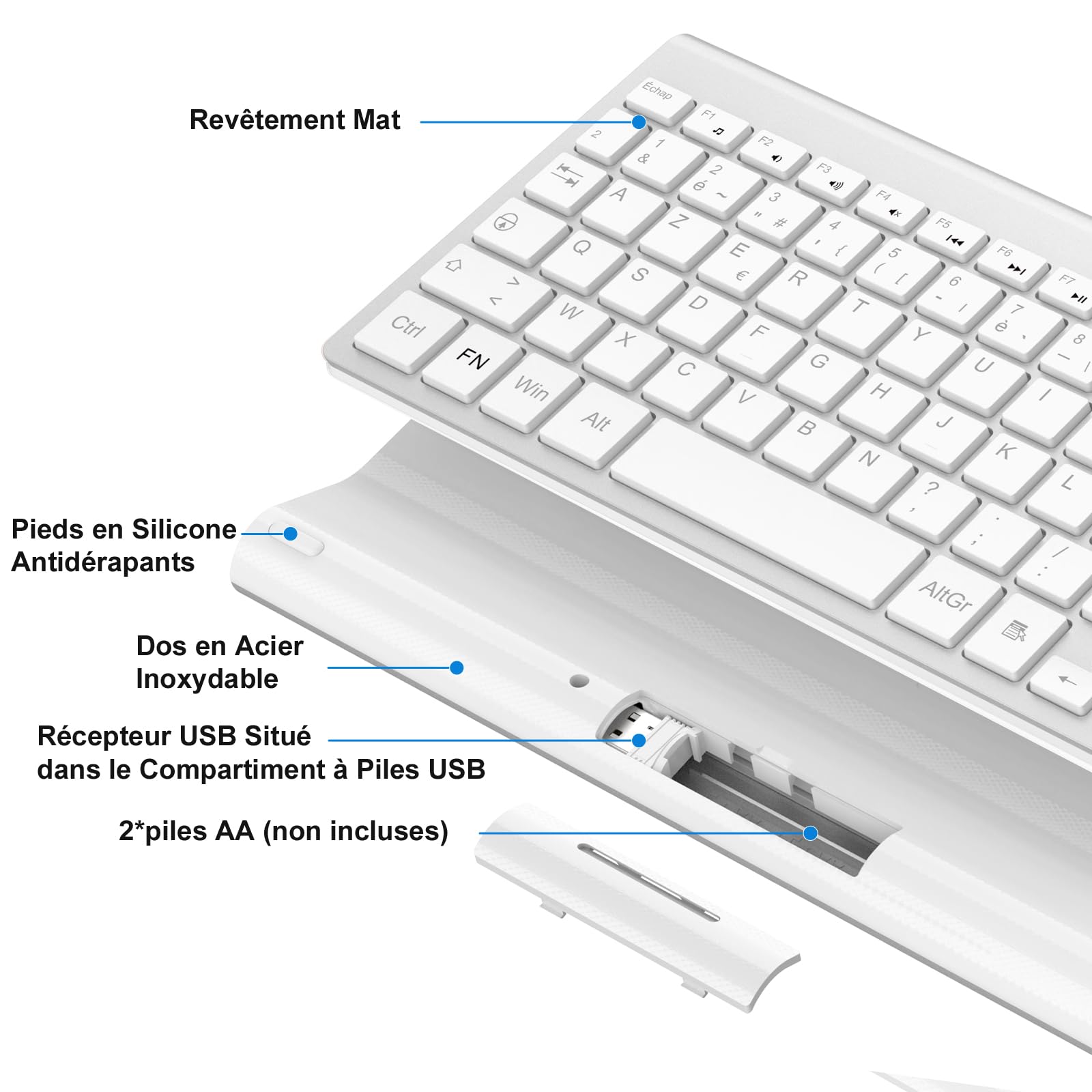 cimetech Clavier sans Fil, Clavier AZERTY Français avec Récepteur Nano USB 2.4GHz Ergonomique Compatible avec Windows/MacOS, Windows PC Laptop - Argent