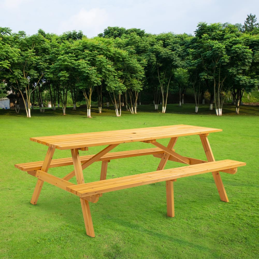 6-Person Circular Outdoor Wooden Picnic Table for Patio, Backyard, Garden, DIY w/ 3 Built-in Benches, 1720lb Capacity - Natural (8-Person Wooden Square Table Yellow)