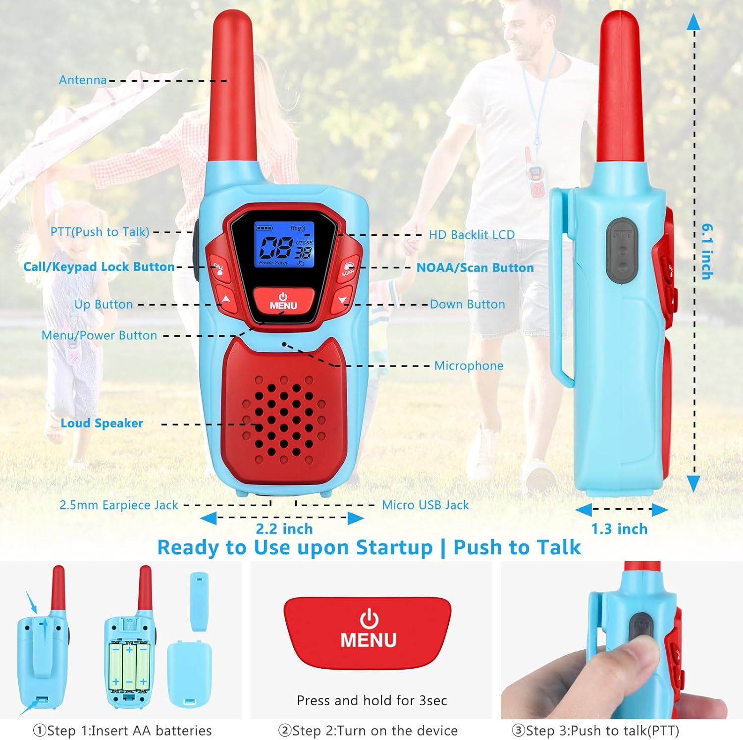 Diagram of Topsung M920 Walkie Talkie with labels for antenna, PTT button, Call/Keypad Lock button, Up/Down buttons, Menu/Power button, HD Backlit LCD, NOAA/Scan button, Microphone, Loud Speaker, 2.5mm Earpiece Jack, Micro USB Jack, and dimensions.