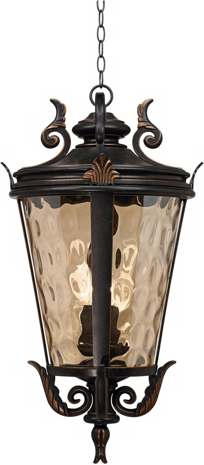 John Timberland Casa Marseille European Outdoor Ceiling Light Hanging Veranda Bronze Brown 30" Champagne Hammered Glass Damp Rated for Exterior House Porch Patio Outside Deck Front Door Home