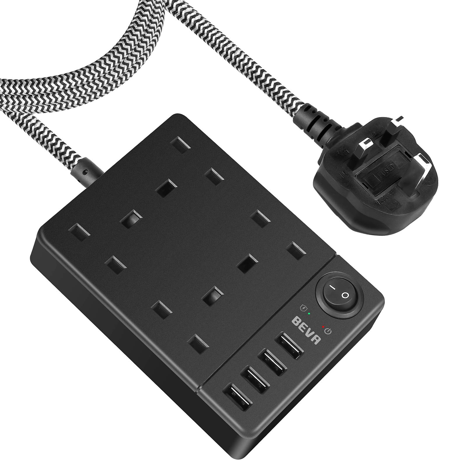 Extension Lead with USB Slots, 4 Gang Power Strip with 4 USB Ports(5V/3.4A), BEVA Multi Plug Surge Protector Charging Station with 1.8M Braided Extension Cord, Power Extension for Home & Office…