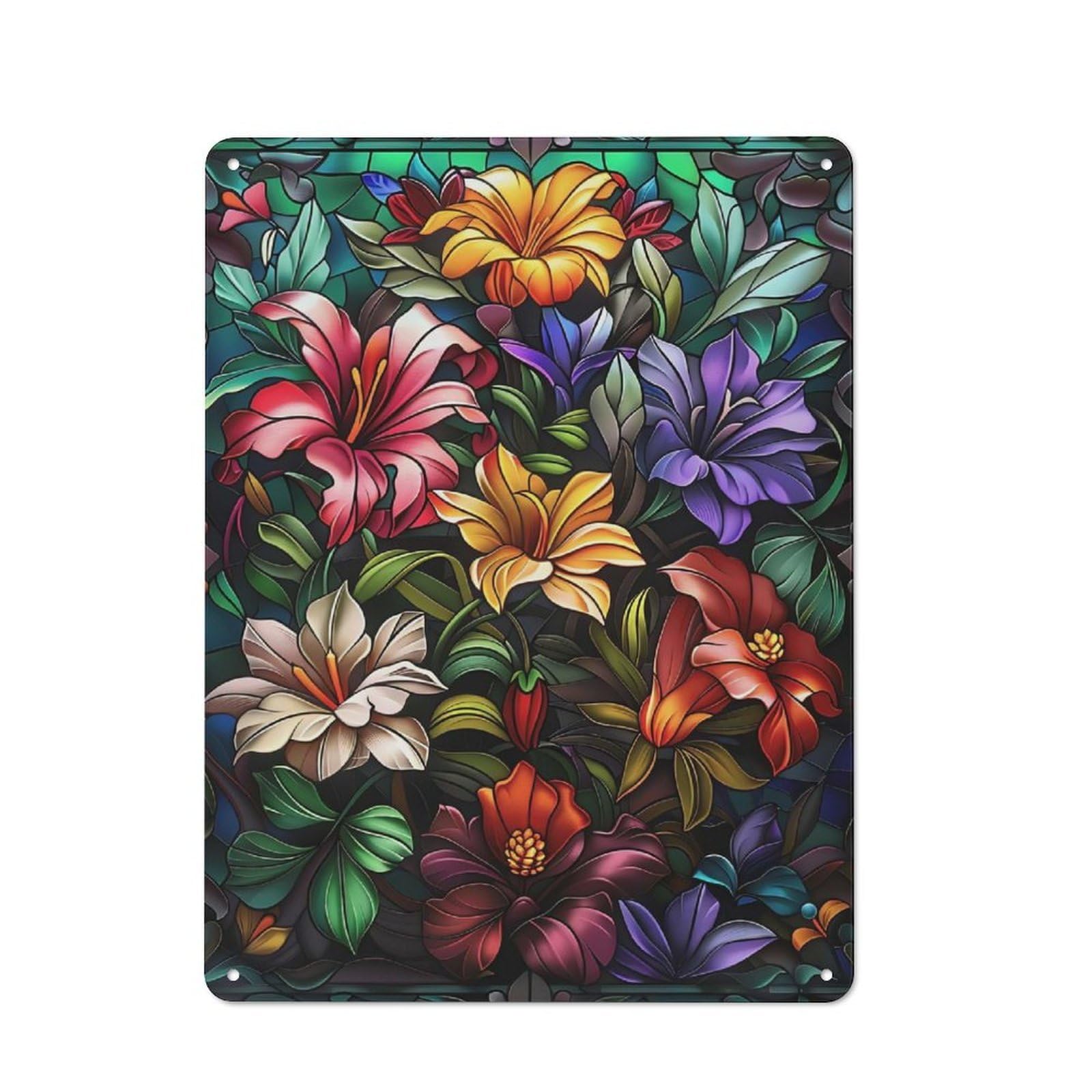 Junmoney Style-19 Tin Sign 40X30cm With Stained Glass Floral Arrangement For Workshop Wall, Retro Decor, For Metal Sign Collectors, For Cafés, Pubs And Restaurants