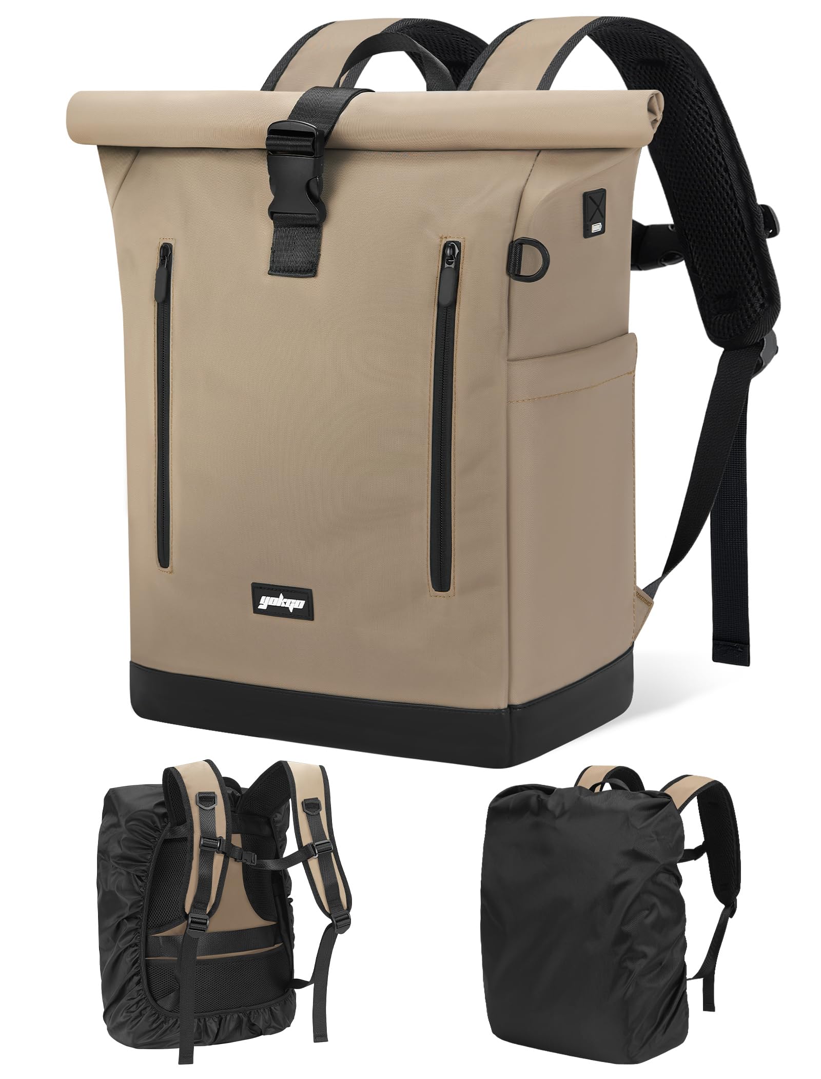 YOKGO Rucksack Damen & Herren, Rolltop Rucksack Wasserfest LaptopRucksack Schulrucksack mit 15,6" Laptopfach, Freizeitrucksack Backpack Daypack für Uni Schule Business Arbeit City Freizeit Reise