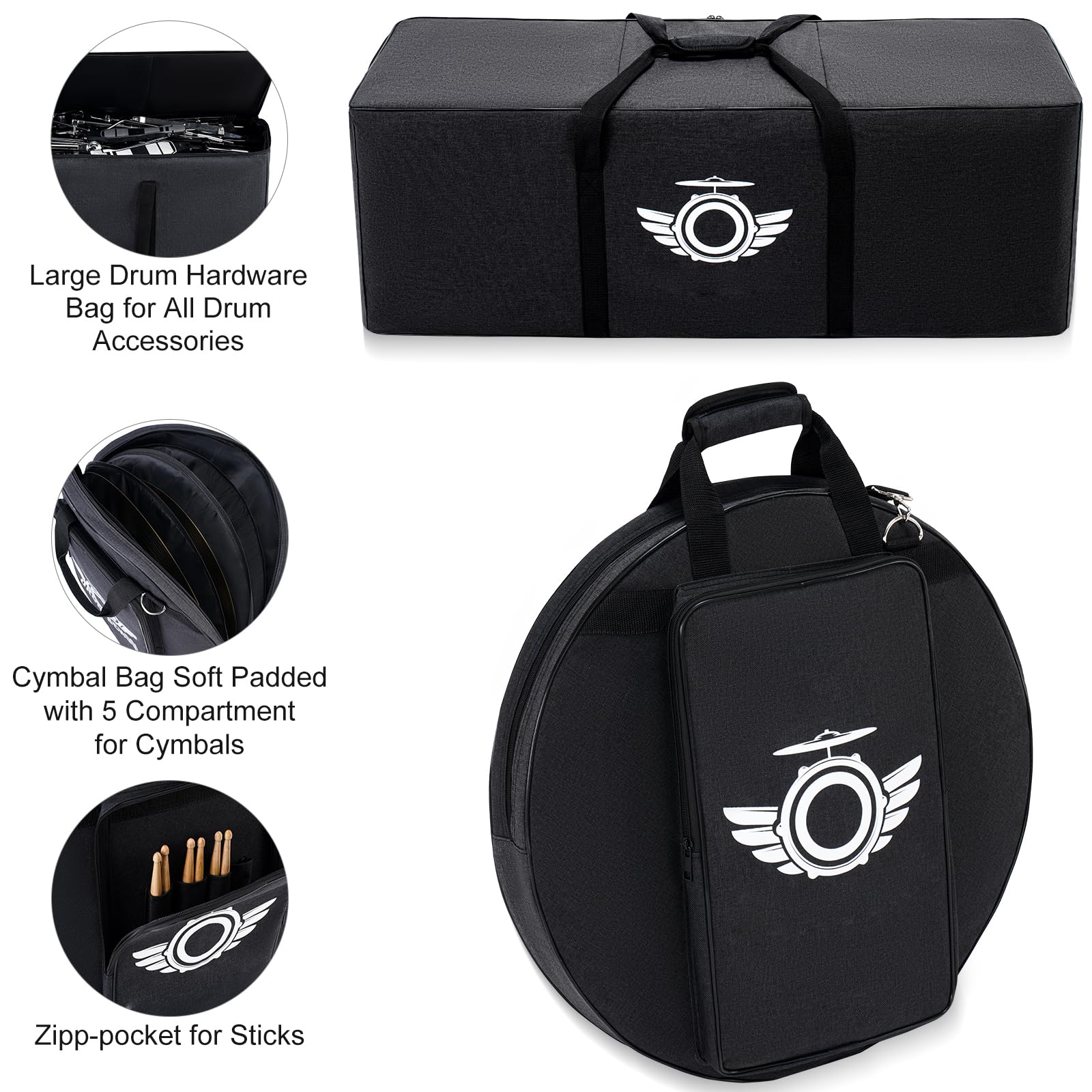 Juego de 7 bolsas de batería, bolsa de transporte acolchada gruesa que incluye bolsa Tom de 10 pulgadas, bolsa de Tom de 12 pulgadas, bolsa de tambor de 14 pulgadas, bolsa de tambor de piso de 16