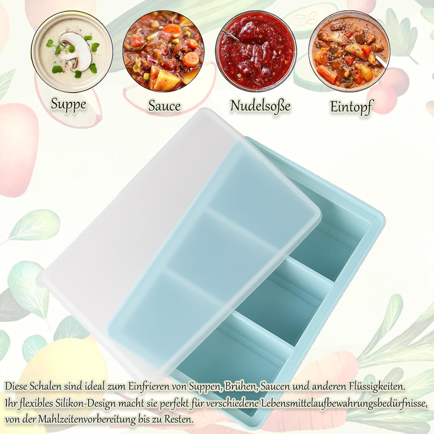Lot de 2 récipients à soupe en silicone avec couvercle, sans BPA, pour la soupe, le congélateur, les glaçons, les sauces, les glaces (bleu + vert)