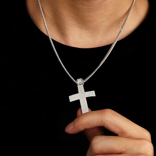 Miniatura 9 de CHINALUSTER Collar de cruz de moissanita para hombre, oro blanco de 18 quilates sobre plata de ley 925, collar con colgante de hip hop para novio,