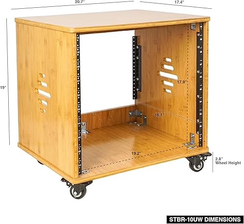 Miniatura 7 de Sound Town Estante de estudio de bambú carbonizado sólido de 8U con profundidad de 16 pulgadas, ventilación, patas de goma, ruedas para sala de