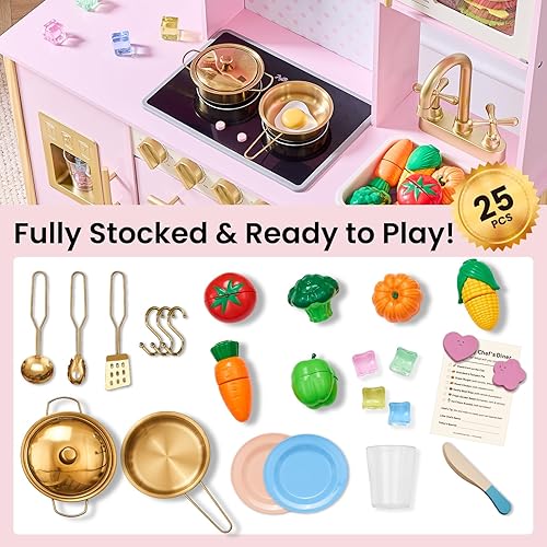 Miniatura 3 de Cocina de juego para niños, moderno juego de cocina para niños pequeños con luces y sonidos, juego de cocina de juguete de madera con 25 accesorios,