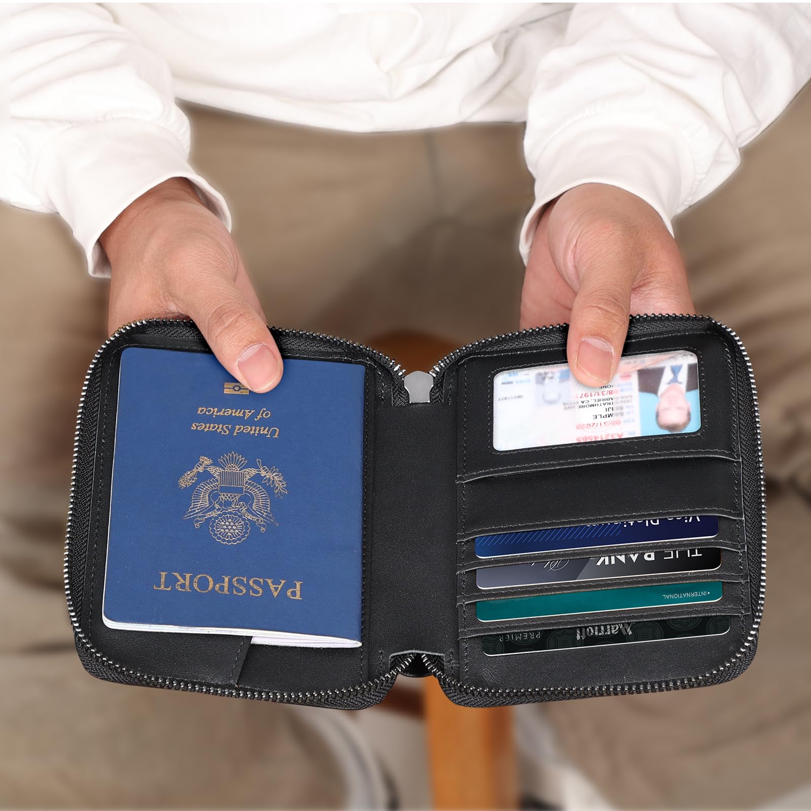Polare Reisepasshülle aus Vollnarbenleder, RFID-blockierend, weich, faltbar, mit YKK-Reißverschluss