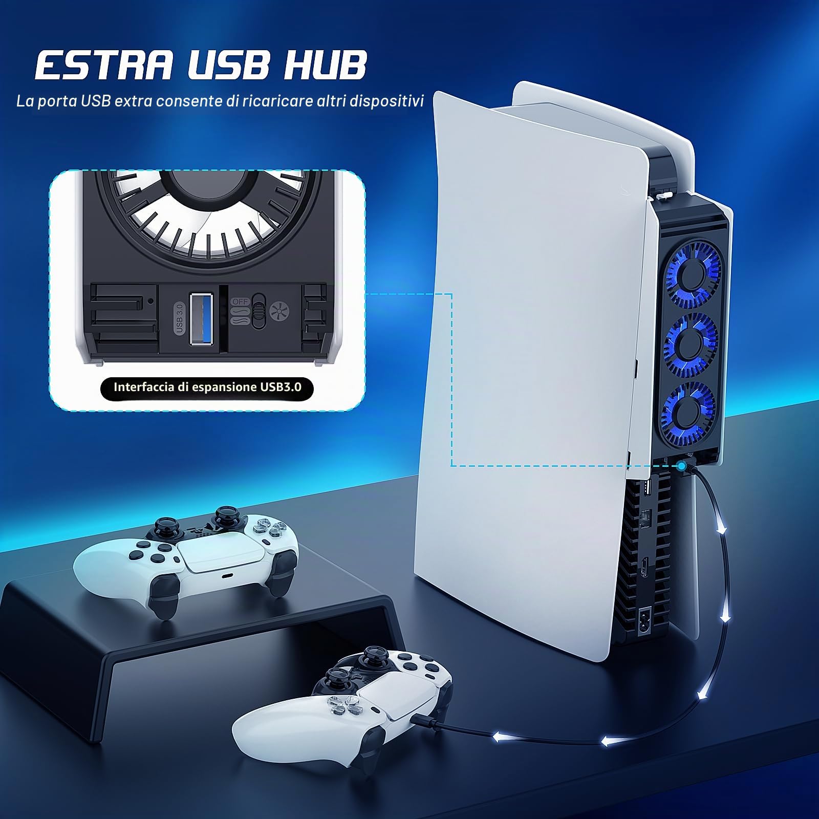 Ventola di Raffreddamento per PS5, Ventola per PS5 con Luce LED HUIJUTCHEN Silenziosa Ventola di Raffreddamento con 3 ventole e controller porta USB velocità Regolabile delle ventole (Bianco)