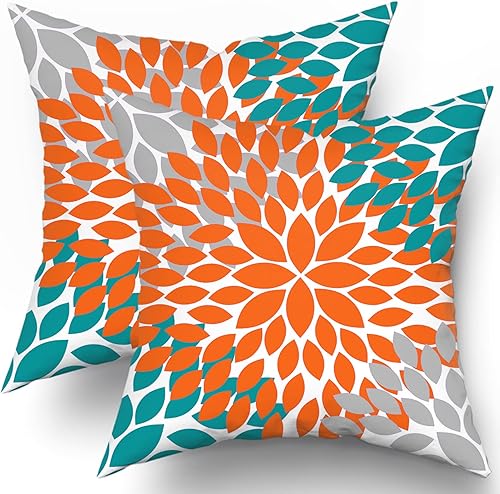 Kawani Juego de 2 fundas de almohada de algodón con cremallera, color naranja, verde azulado, 20 x 20 pulgadas, diseño floral, moderno, rústico,