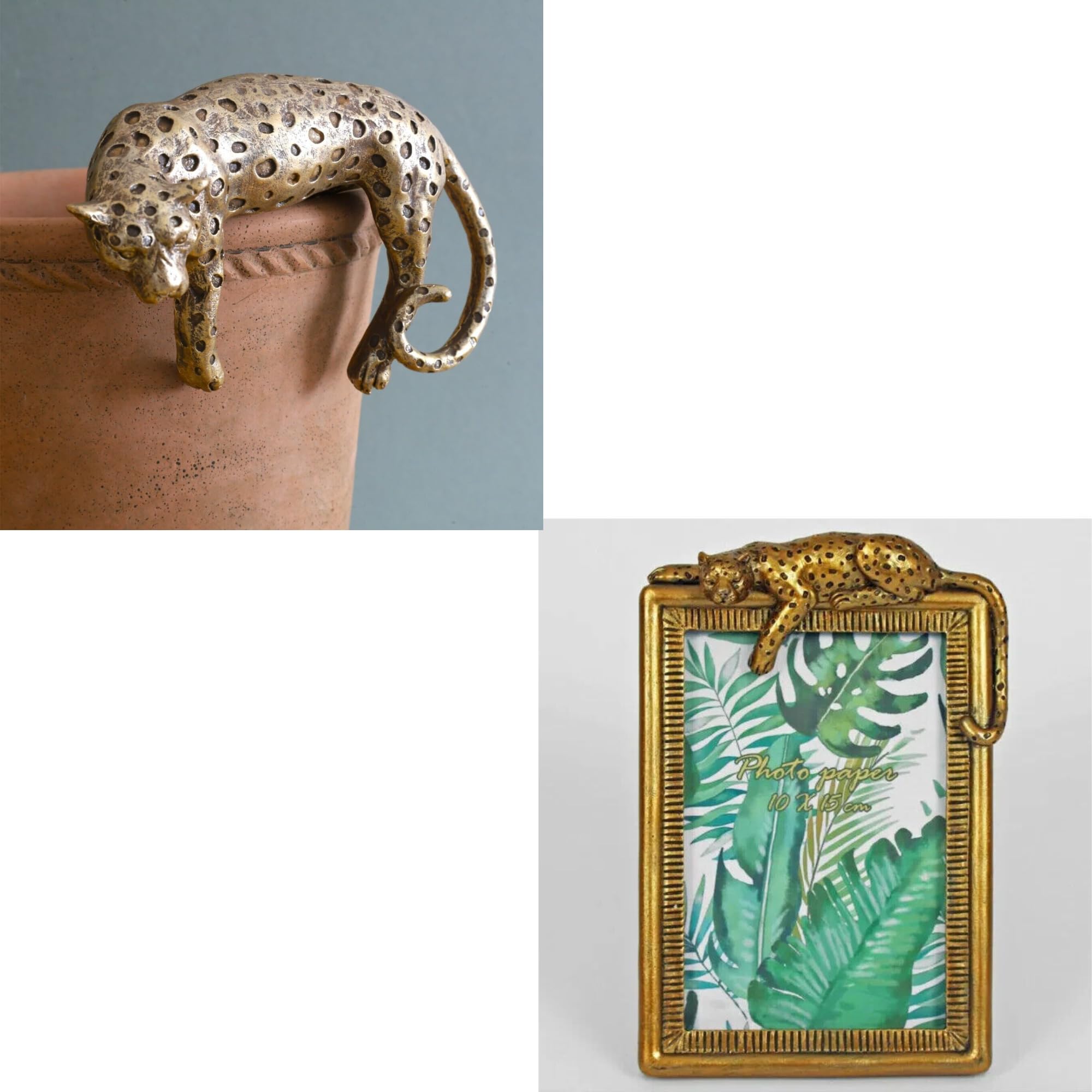 Fyne-Finds Gold Set Of 2 Leopard Photo Frame 6X4, Cheetah Statue Plant Pot Hanger 16Cm Home Decor Gift