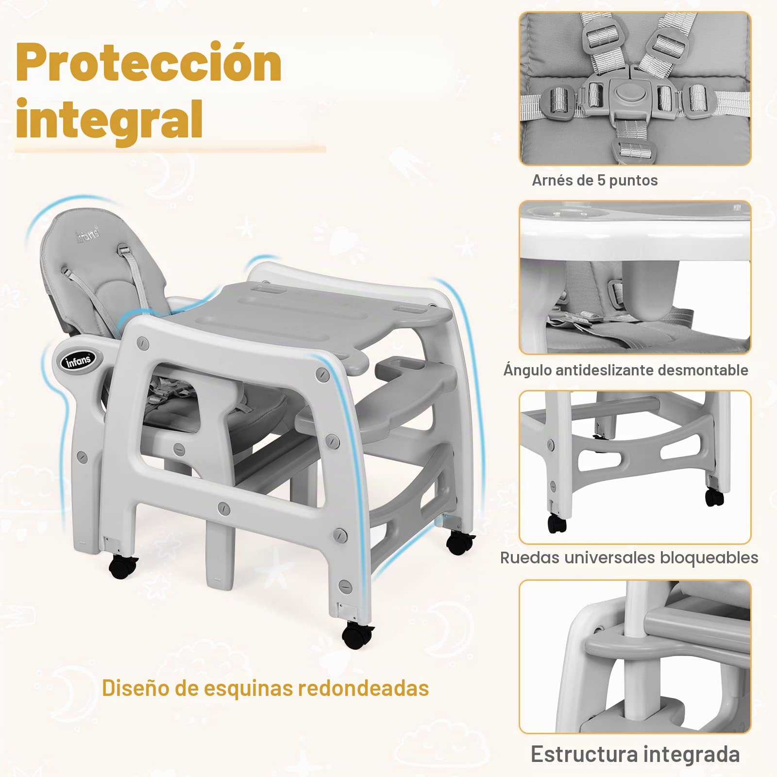 GOPLUS 5 en 1 Trona de Bebé para 6-72 Meses, Carga 20 kg, Trona Comedor Portatil para Niños con Respaldo Ajustable de 3 Niveles, 2 bandejas extraíbles, Rueda universal con Freno (Gris)