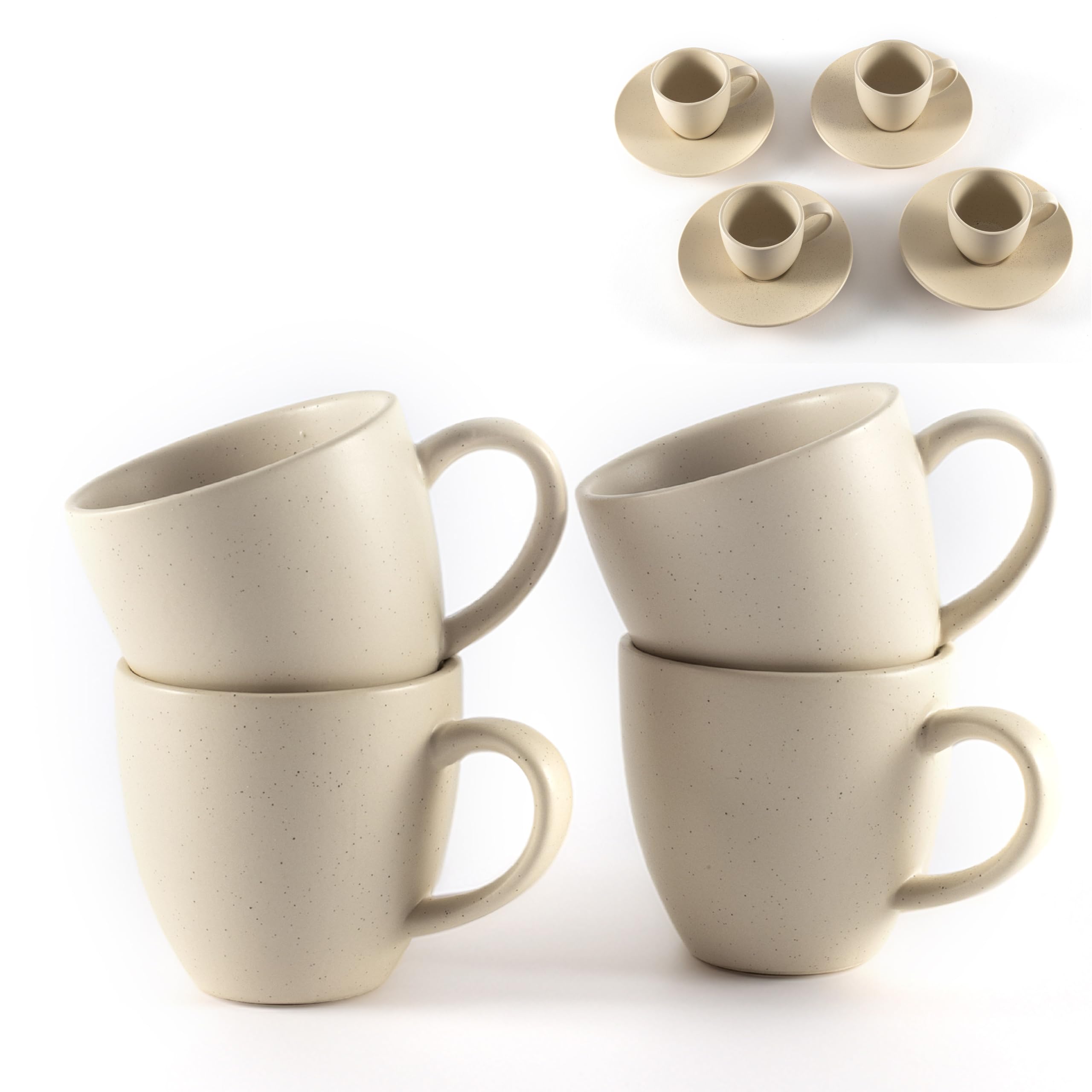 Hanseküche Set di 4 tazzine da espresso in gres di alta qualità, fatte a mano e con pareti spesse, tazzine da espresso in gres con piattini, beige, 75 ml