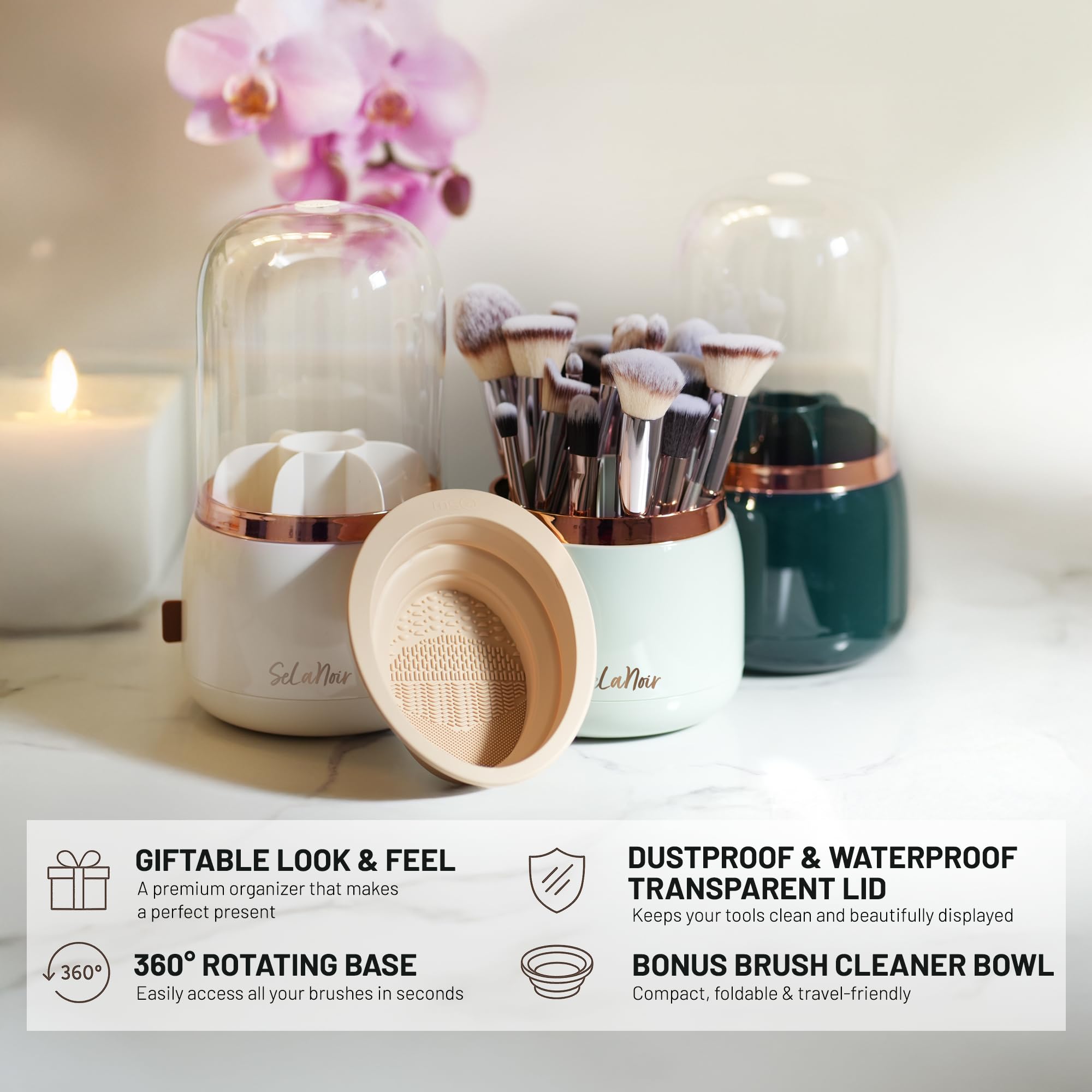 SeLaNoir Rotating Makeup Brush Holder with Lid and Brush Cleaner Bowl