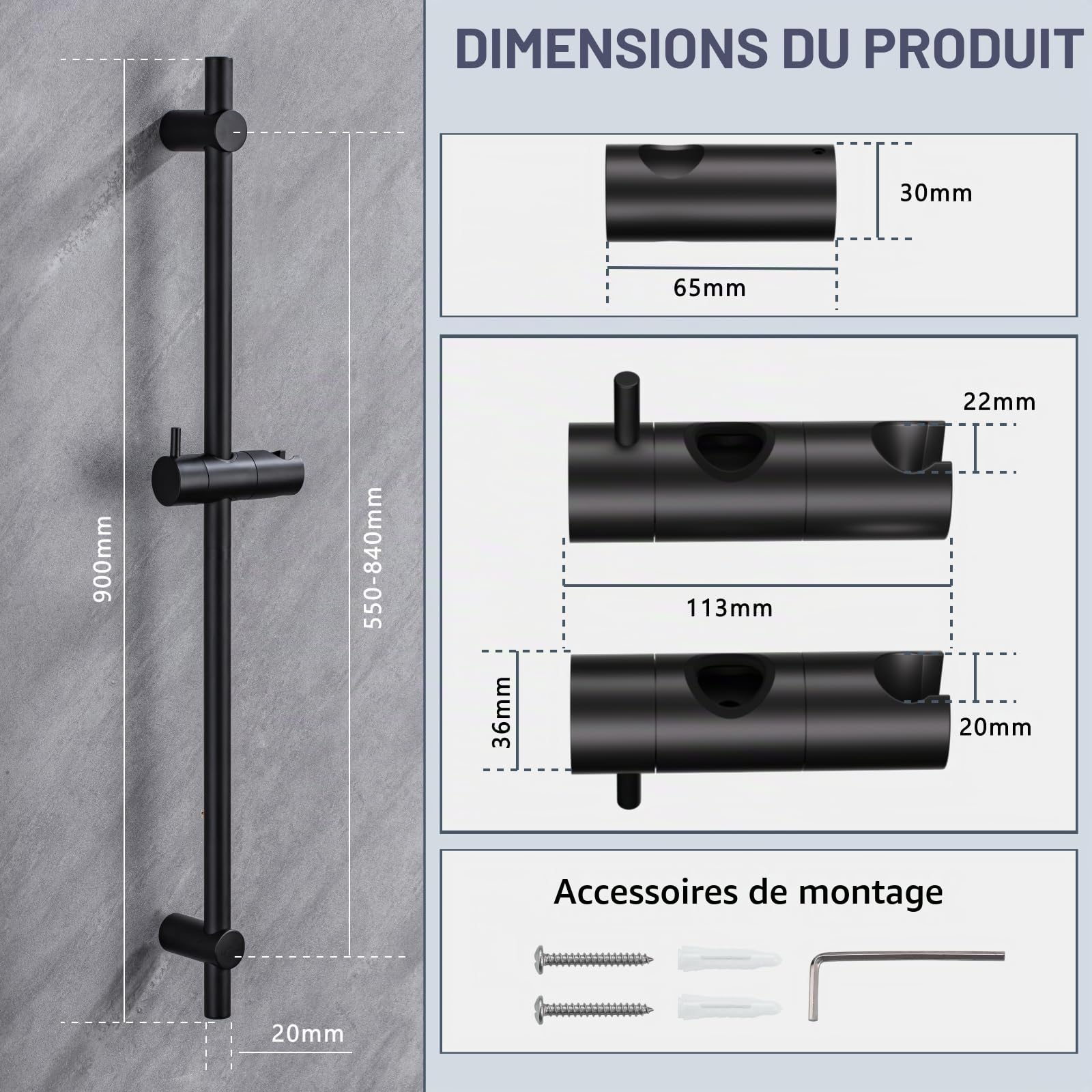 Barre de Douche 90cm en Acier Inoxydable, Support de Pommeau Réglable à 360°, Fixations Murales Variables pour S'adapter aux Trous Existants, Noir
