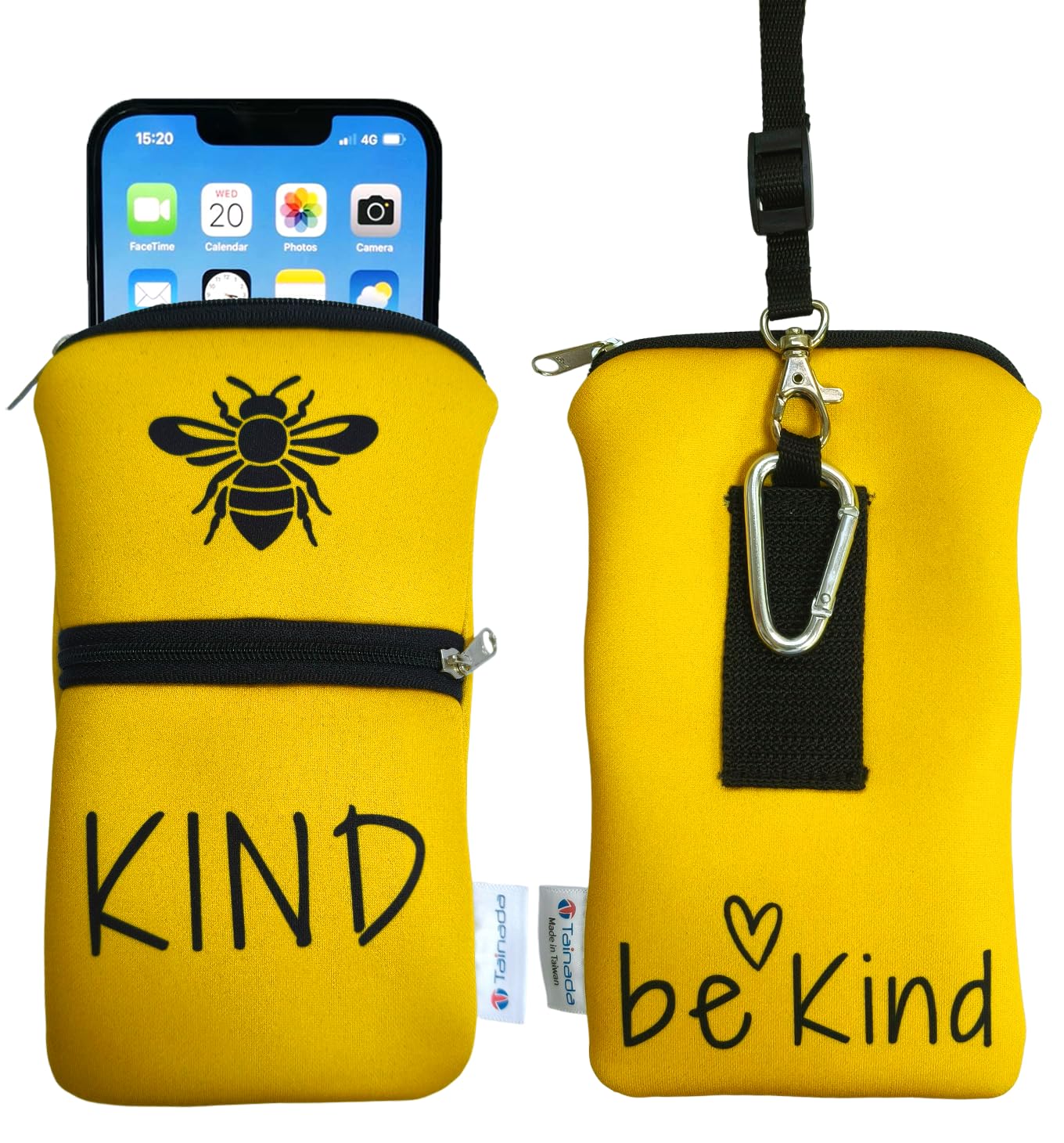 Tainada Dual Zipper Neck Cell Phone Pocket Pouch w/Belt Loop (Be Kind Bee)