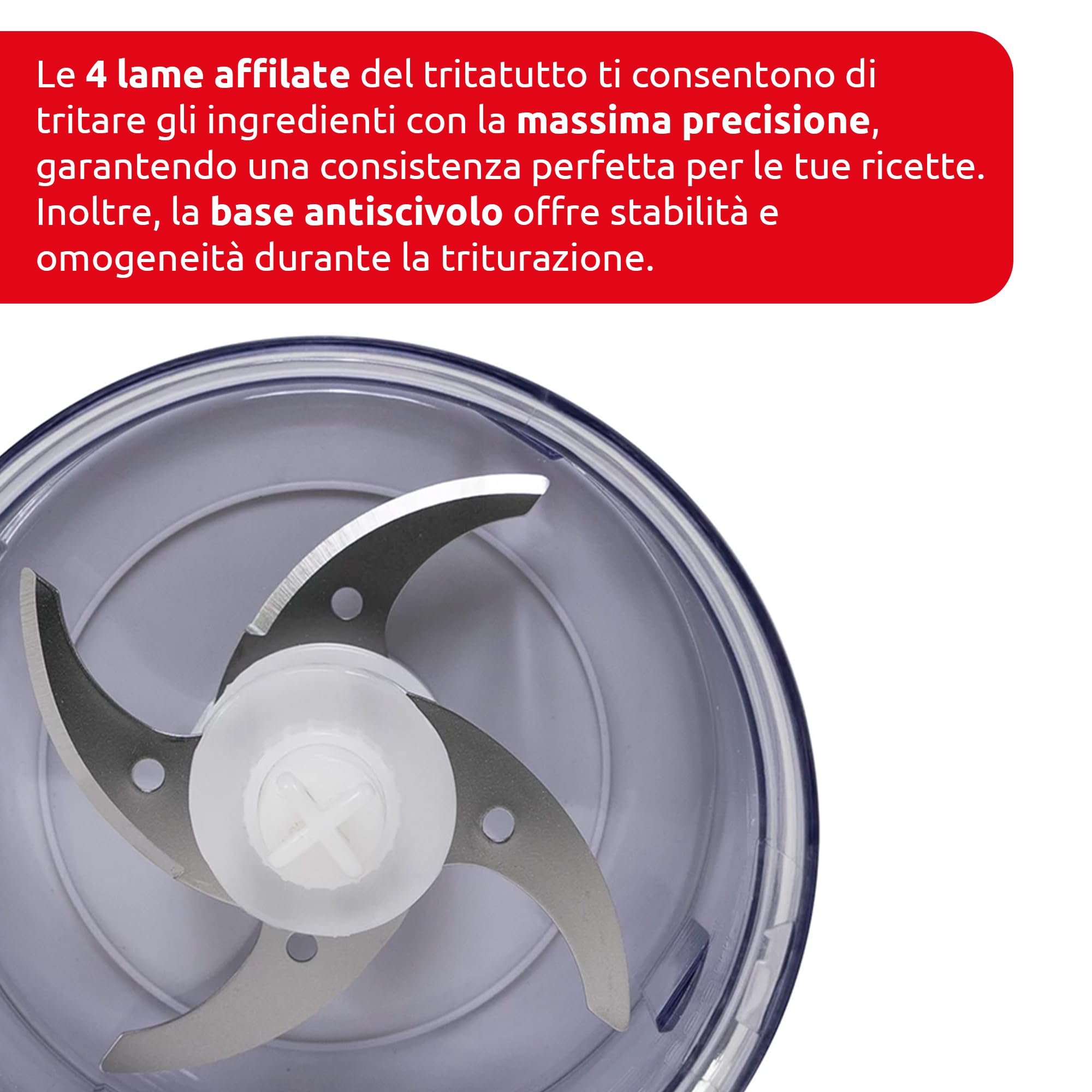 Melchioni Family | Tritatutto Elettrico BLADE, con 2 Velocità, 260W, 4 Lame in Acciaio, Salvaspazio, Bicchiere Contenitore da 500 ml, Base Antiscivolo