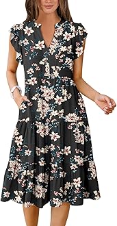 ANRABESSWomens Summer Ruffle Sleeve V Neck Midi Dress 2024 Fashion Casual Fit Flowy Tiered Boho Beach Vacation Sundress