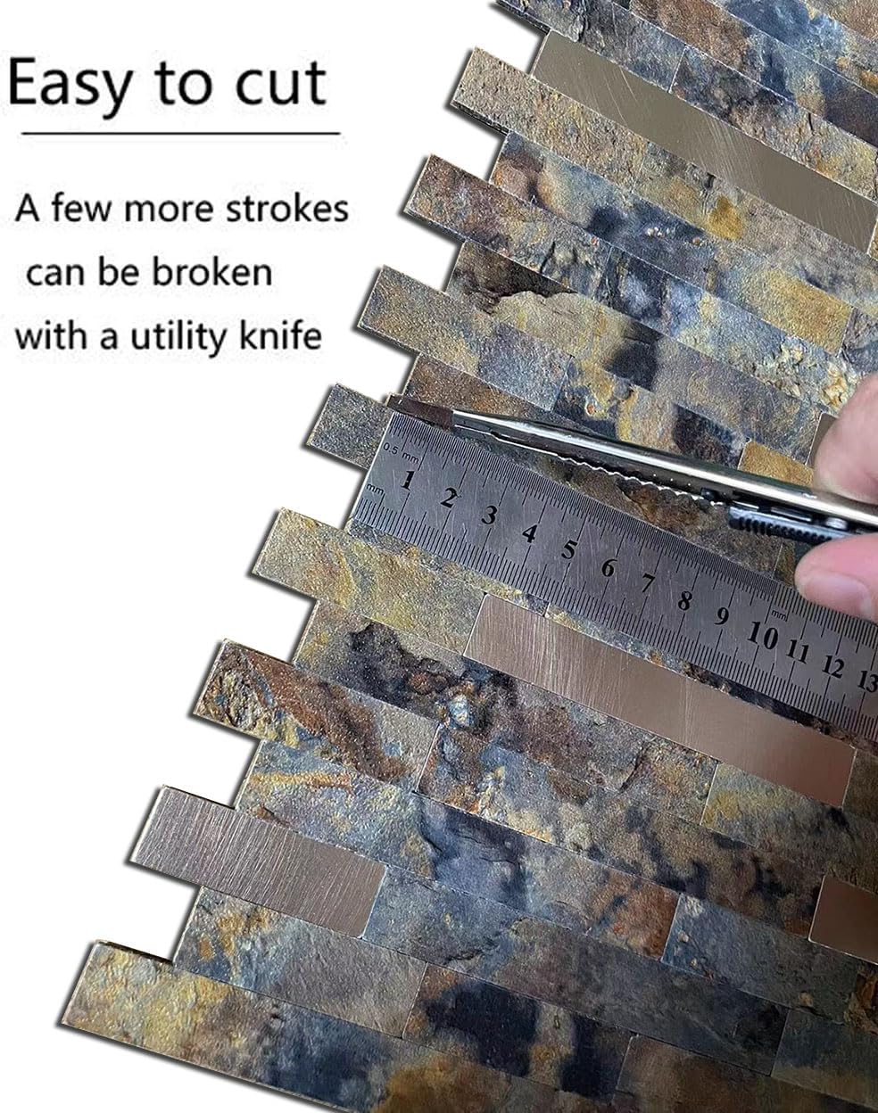 10-Sheet Peel and Stick Backsplash Tile, PVC Mixed Meta,l Stick on Kitchen, Bathroom Vanities, Fireplace Décor, Laundry Table(11.81" X 12.09") (Rusted Marble Texture)