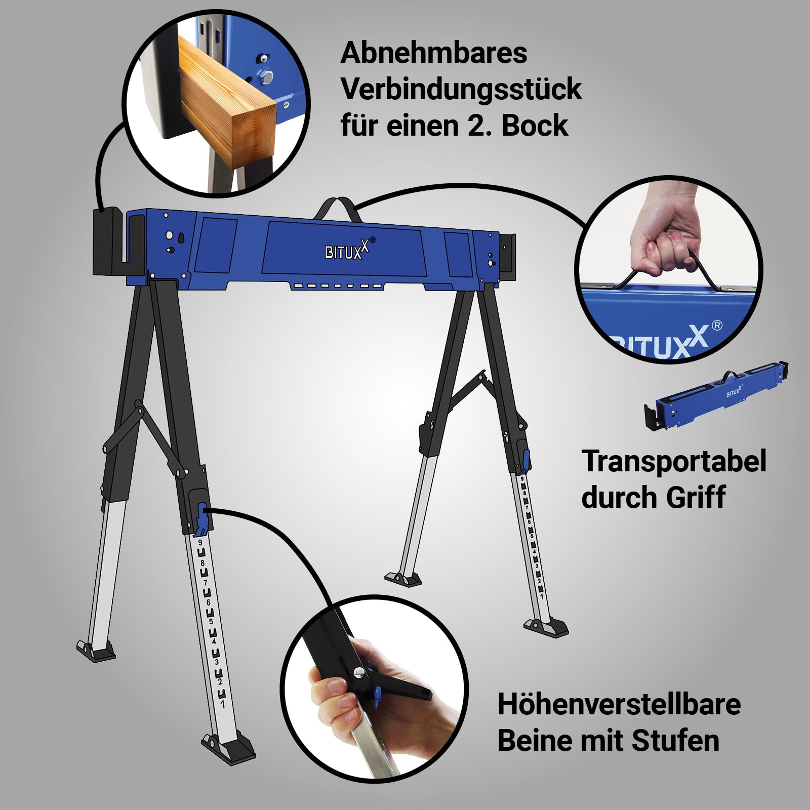 Bituxx 2X Arbeitsbock Bock Gerüstbock Klappbock Tischbock Malerbock 600Kg Klappbar Höhenverstellbar 62-87cm