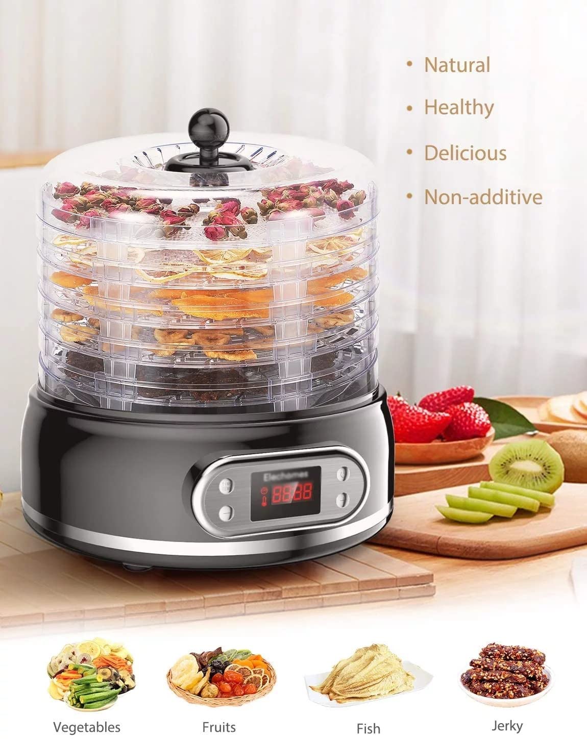 Deshidratadores para Alimentos y cecina, Temporizador Digital Ajustable y secador con Control de Temperatura Deshidratadores para Alimentos y cecina, Hierbas, Carne, Frutas, Verduras