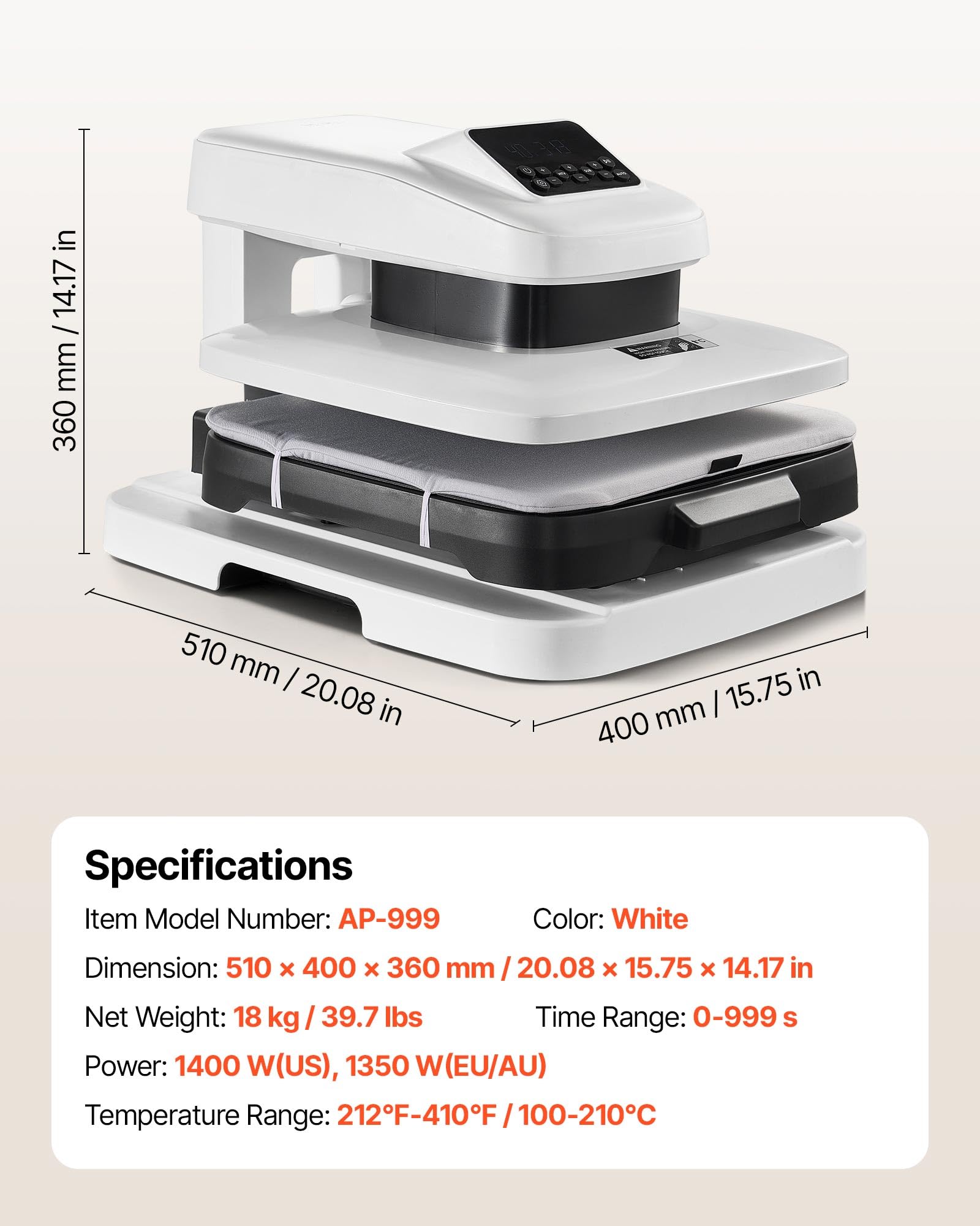VEVOR Prensa Térmica Automática 38 x 38 cm Máquina de Sublimación Blanca | Impresión de Calor para Personalizar Camiseta Sudadera Bolsa Manta, 1400 W, Presión Ajustable, Apagado Automático, Bricolaje