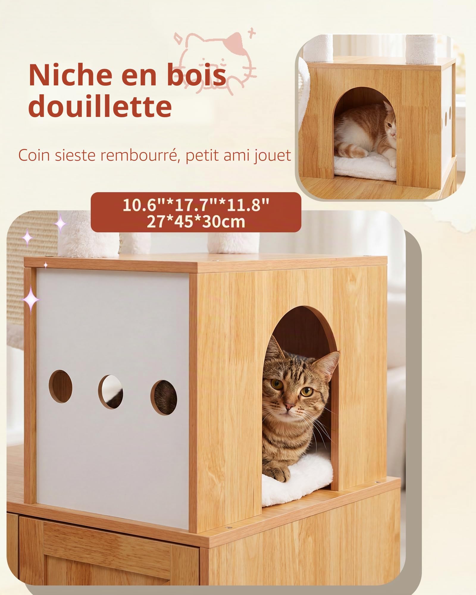 Heybly Arbre à Chat Litière Intégrée 162cm Bois Massif Moderne HCT105WB | Litière Cachée Facile À Nettoyer, Parcours Multi-Niveaux, Griffoirs En Sisal, Couchage Et Jeux Intégrés, Coloris Noyer