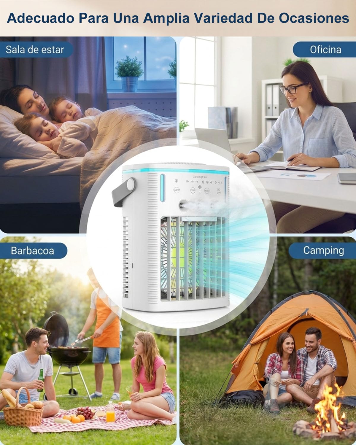 4-en-1 Mini Aire Acondicionado Portátil con Mando a Distancia, Enfriador de Aire de 1000ml con Temporizador 2-4-8H, Climatizador Silencioso con 3 Salidas de Niebla y 7 Luces LED para Dormitorio