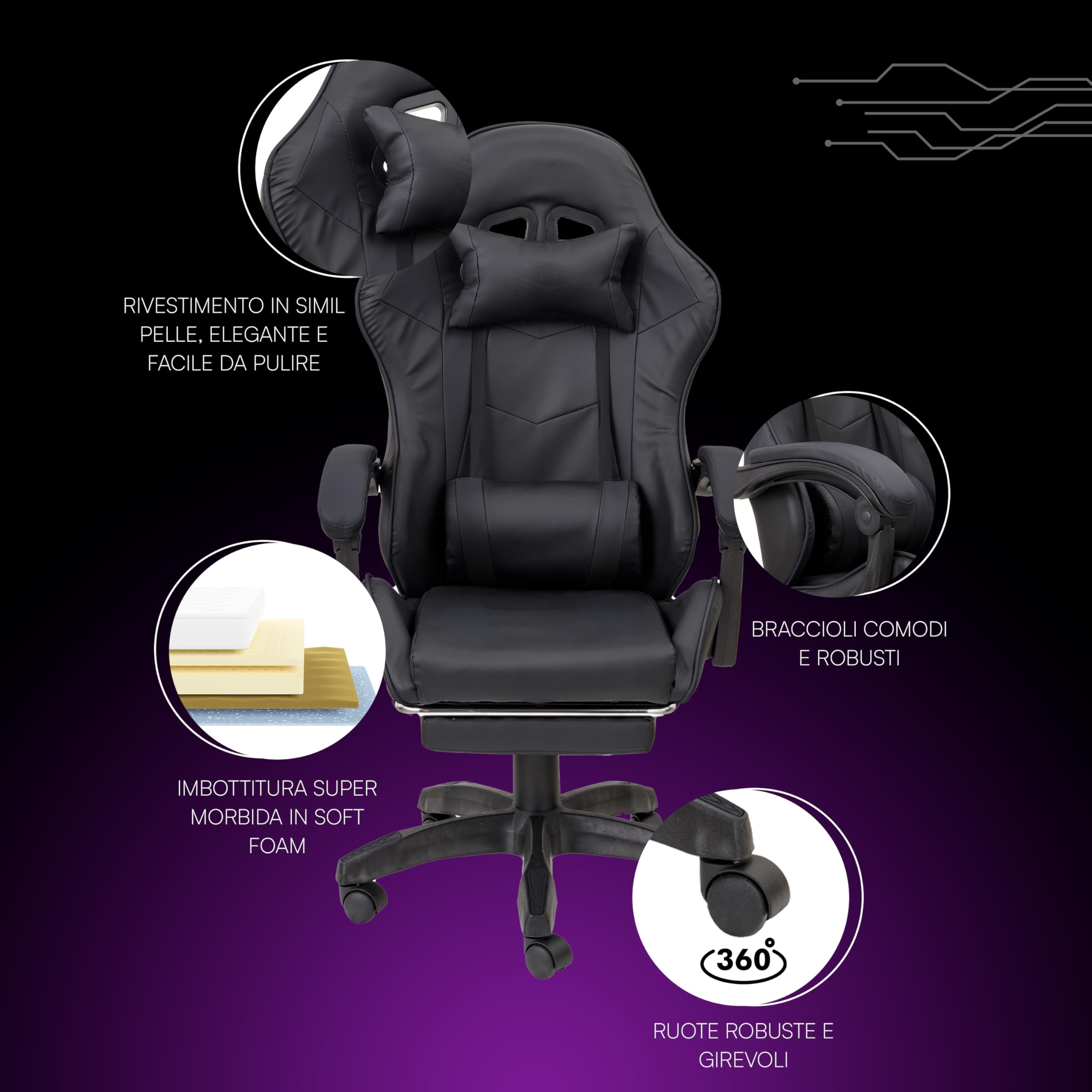 Baroni Home Sedia Gaming Ergonomica con Massaggiatore Lombare, Altezza Regolabile e Schienale Inclinabile, Sedia Ufficio con Comodo Poggiatesta e Poggiapiedi, in Soft Foam, Nero, 58x66x114-124 cm