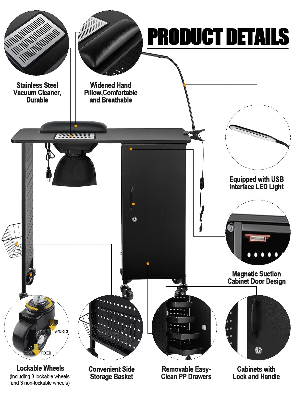 Kalolary Maniküre Nageltisch, Mobile Nagelstation mit Nagelstaubsammler | 4 Schubladen, LED-Lampen, Handballenauflage für Heimtechniker, Spa, Schönheitssalon, Arbeitsplatz, schwarz