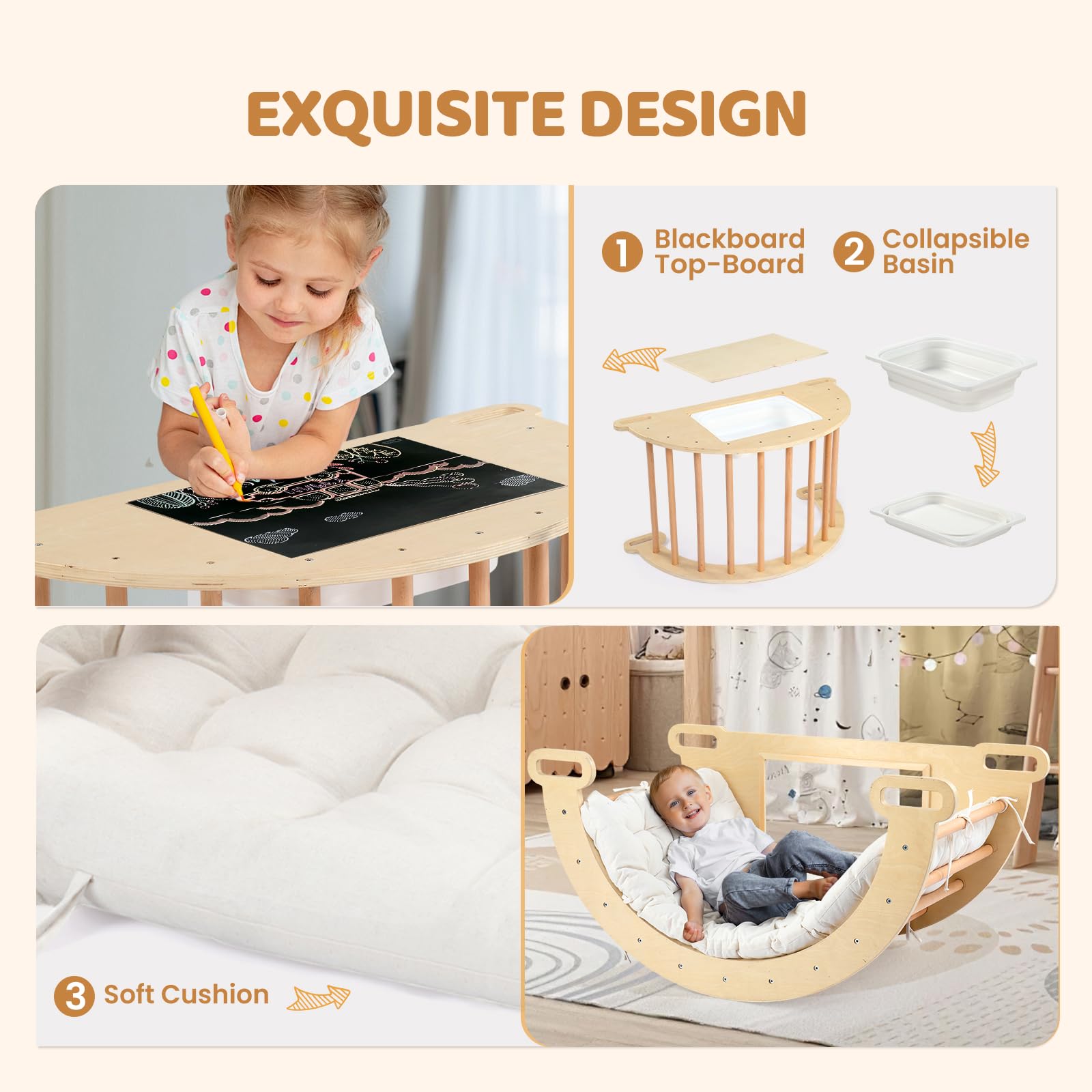 JOYMOR 5-in-1 Pikler Triangle Climber Arch Rocker with Cushion Sensory Table Set for Kids, Montessori Wooden Climbing Toys for Toddlers Inside with Collapsible Storage Basin & Blackboard