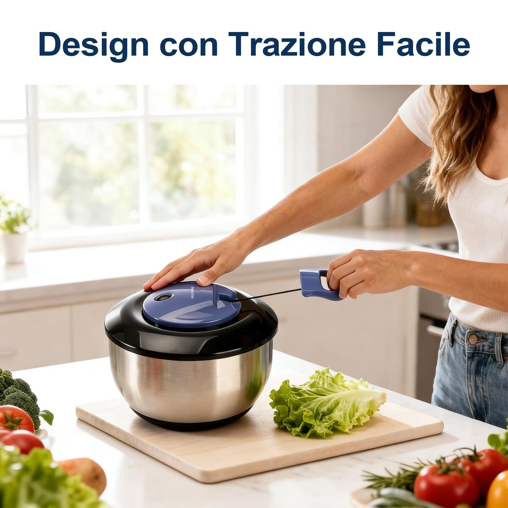VALLEYHIKE Centrifugadora Ensalada Acero Inox 5L con Tapa Hermética | Centrifugadora Ensalada Resistente, Tracción, Ahorra Tiempo/Espacio, Fácil Usar/Limpiar/Guardar, Preparación Comidas, sin BPA